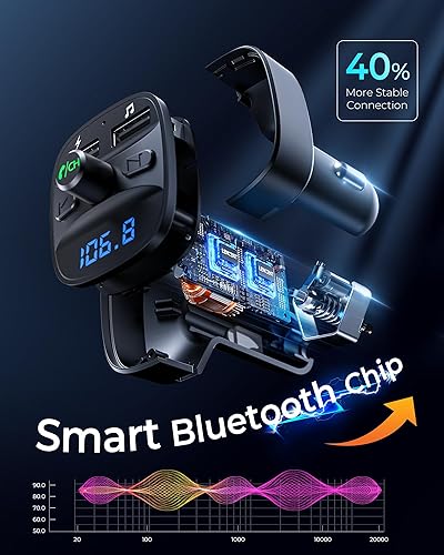Miniatura 3 de LENCENT Transmisor FM, transmisor FM Bluetooth, adaptador de radio inalámbrico, kit de coche con carga USB dual, receptor de audio, cargador