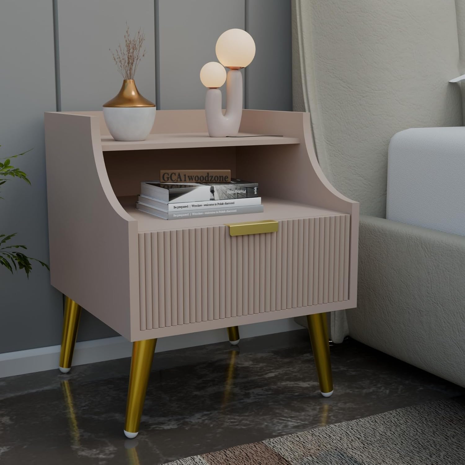 Bedside Table for Bedroom | Modern Side Table for Home & Hotels | Wooden Nightstand with 1 Drawer & Open Shelf Storage | HDMR Premium Wood with Golden Metal Legs | Light Beige-image-37