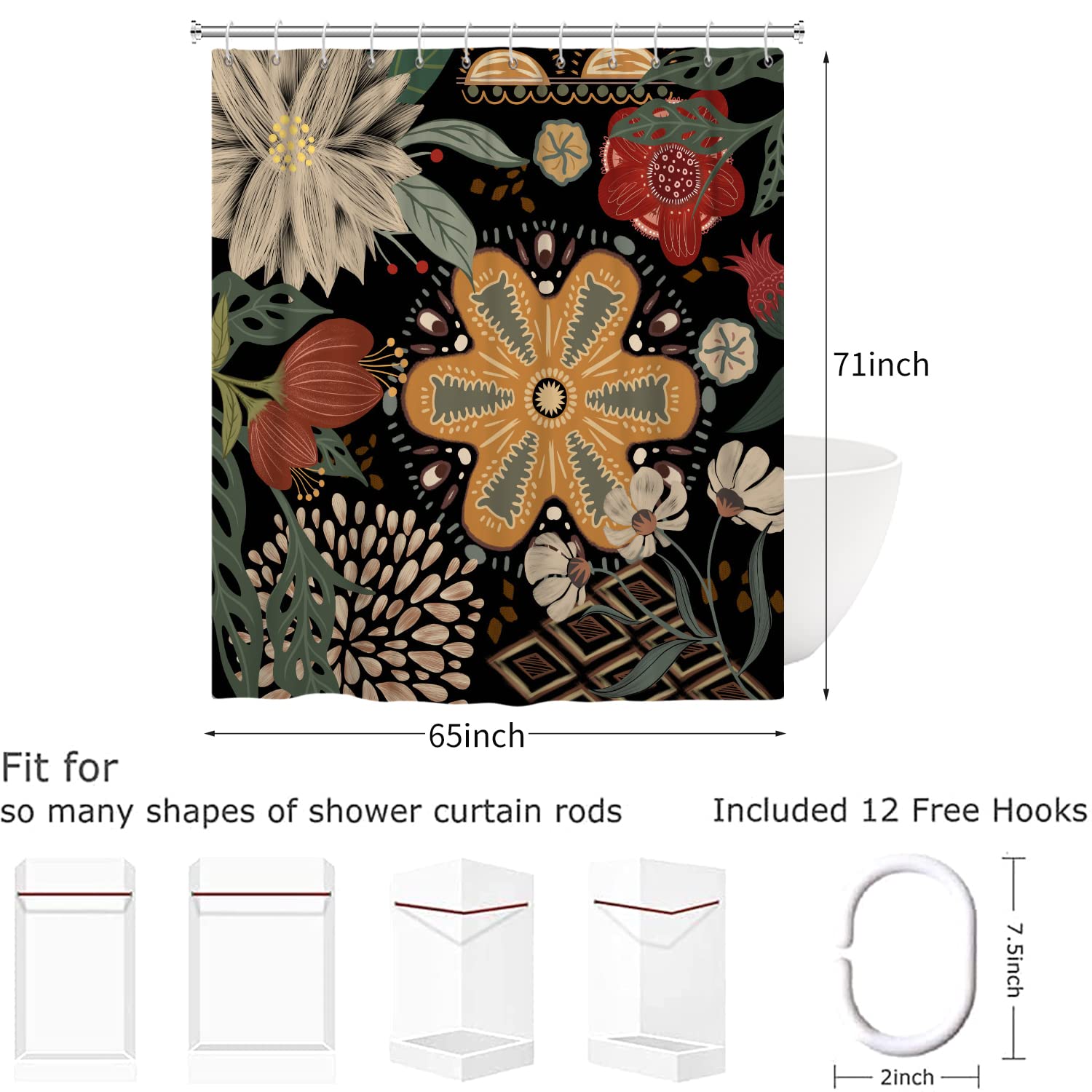 Hnmdmyi Rideau de Douche Fleurs 180x200, Rideau de Douche Vintage Fleur Coloré Rétro Esthétique Fleur Feuille Plante Rideau de Baignoire Etanche Polyester Tissu Lavable Rideau de Bain avec Crochets Hnmdmyi Rideau de Douche Fleurs 180x200, Rideau de Douche Vintage Fleur Coloré Rétro Esthétique Fleur Feuille Plante Rideau de Baignoire Etanche Polyester Tissu Lavable Rideau de Bain avec Crochets