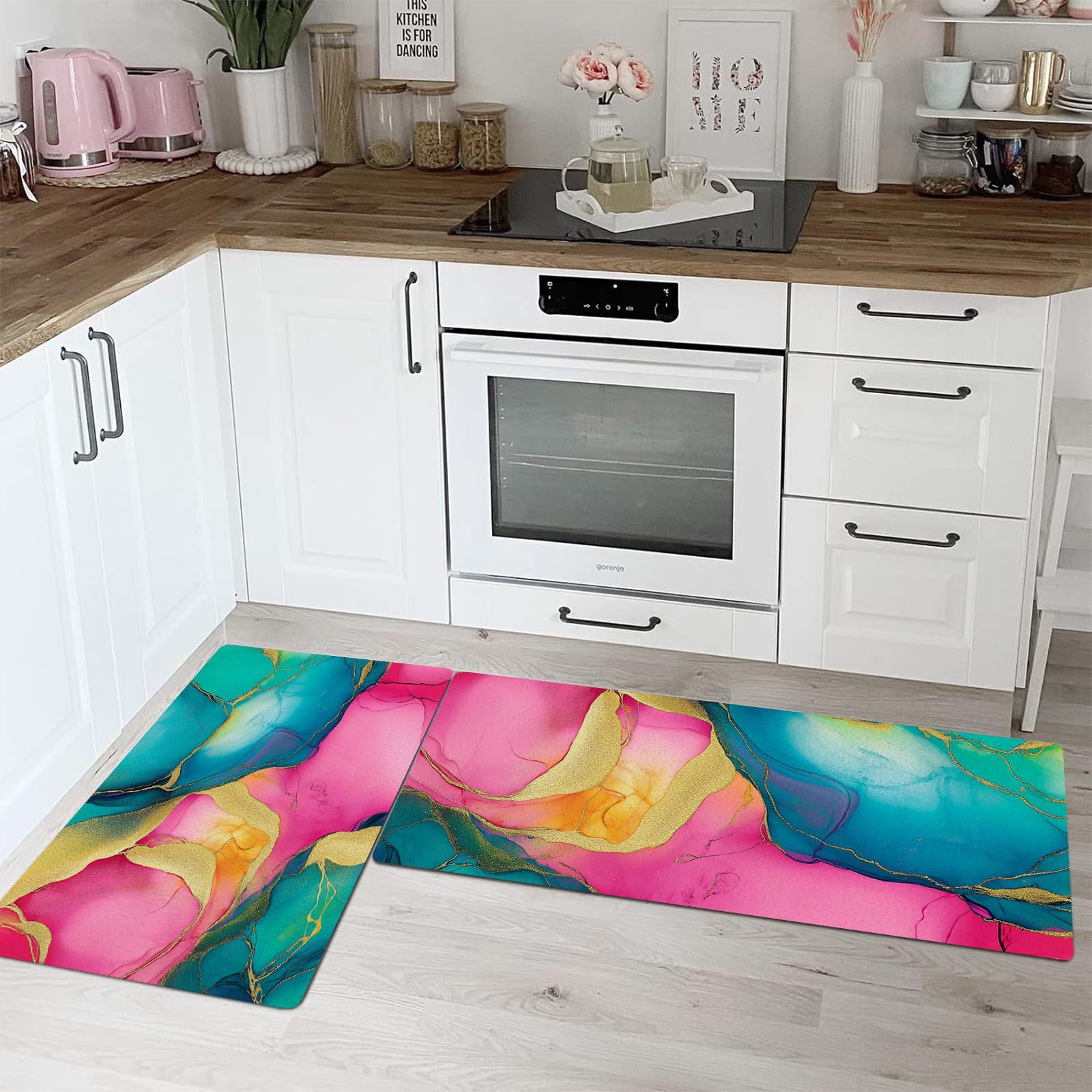 Juego de alfombras de cocina de 2 piezas lavables con detalles dorados de 43x75 y 43x150cm