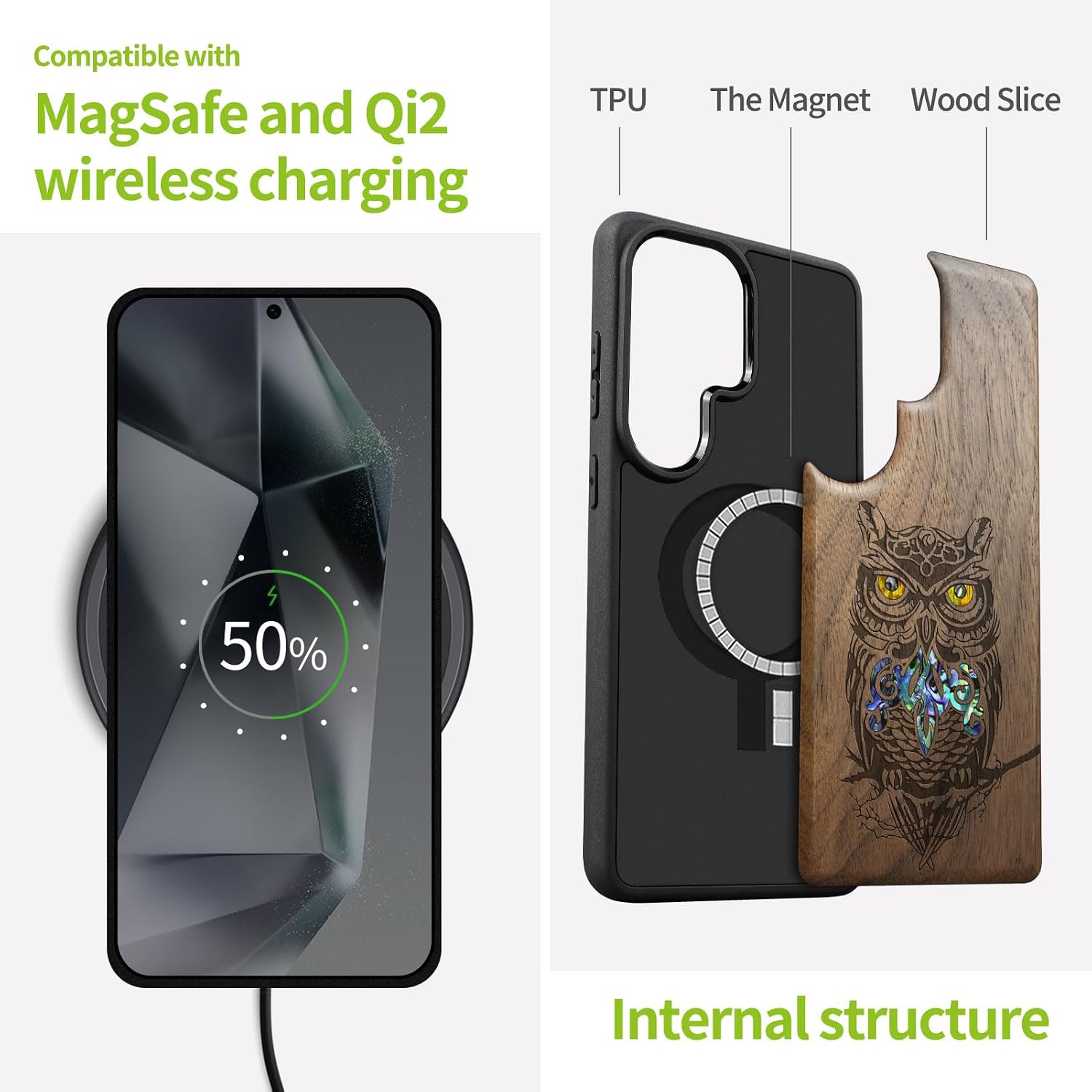 Carveit Magnetic Wooden Case for Samsung Galaxy S26 Ultra Case, Wood Artisan Engraved & Handmade Shell Inlaid, Compatible with MagSafe Wireless Chargers (an Owl Perched on a Branch) Walnut