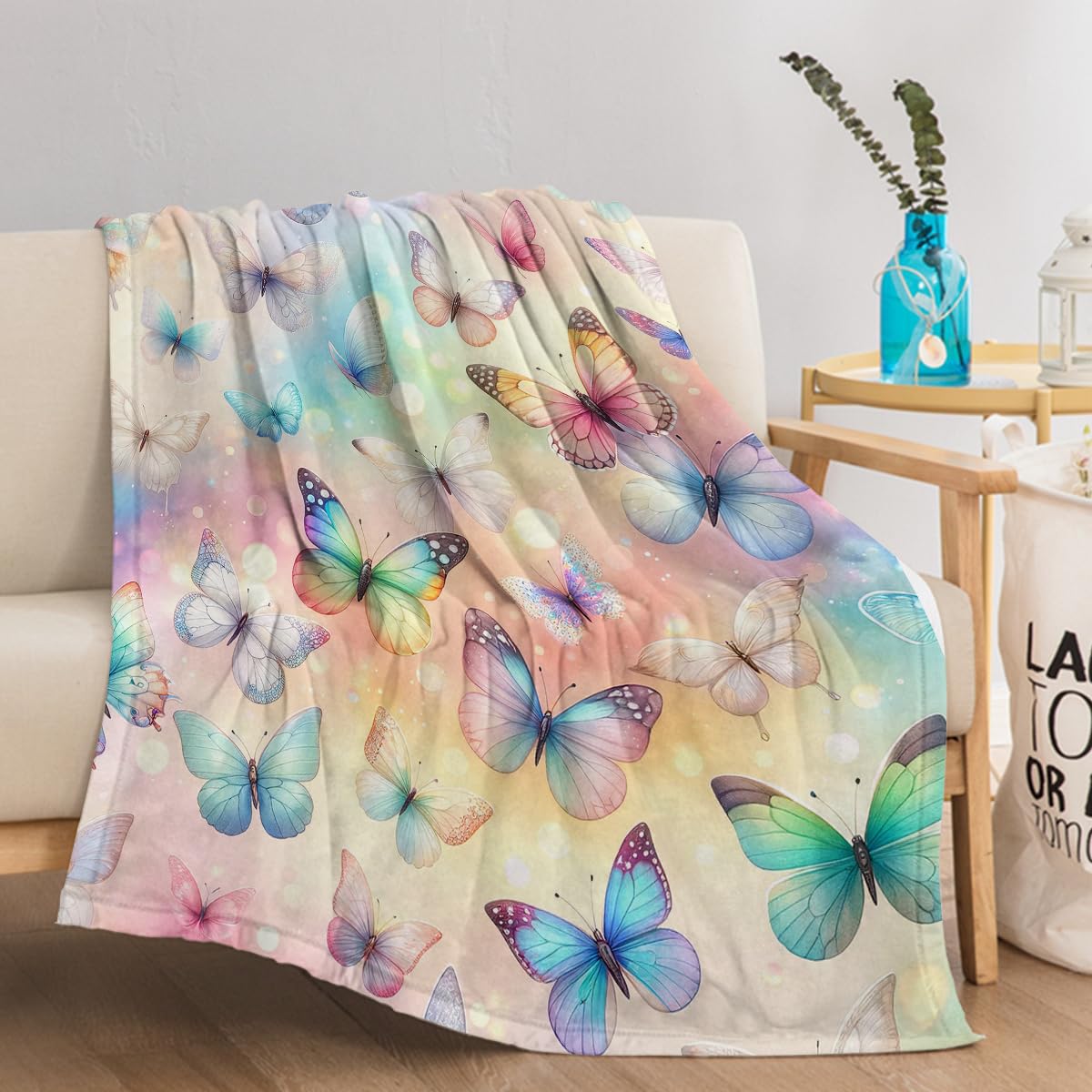 Koc polarowy 180 x 220 cm, kolorowy motyl, na prezent, miękka flanela, ochrona przed roztoczami, narzuta na łóżko dla dorosłych i dzieci