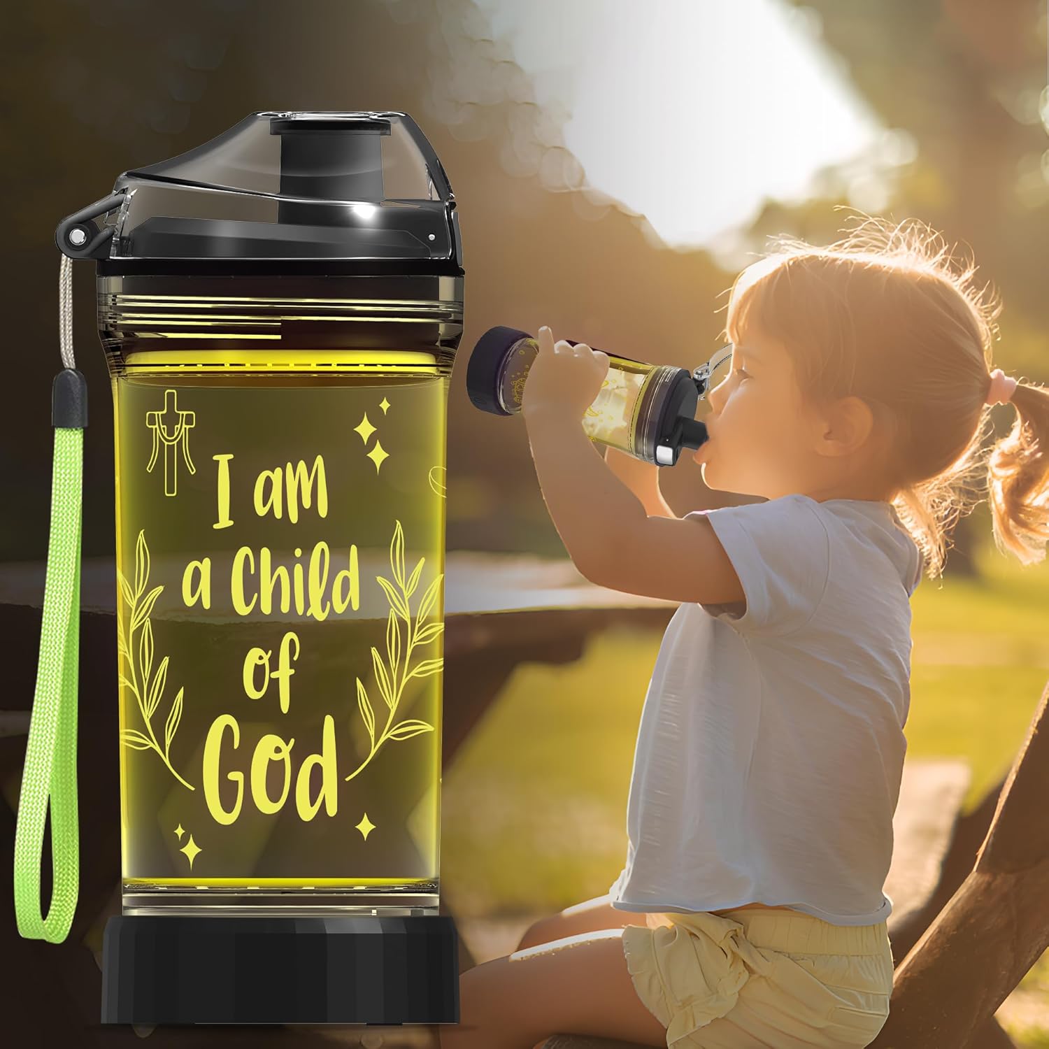 CoolGift Mart Light-Up Water Bottle with 'I am a Child of God' Design - 14oz Drink Cup, BPA-Free - Ideal Baptism Gift for Christians, Women, Girls, Boys, and Kids
