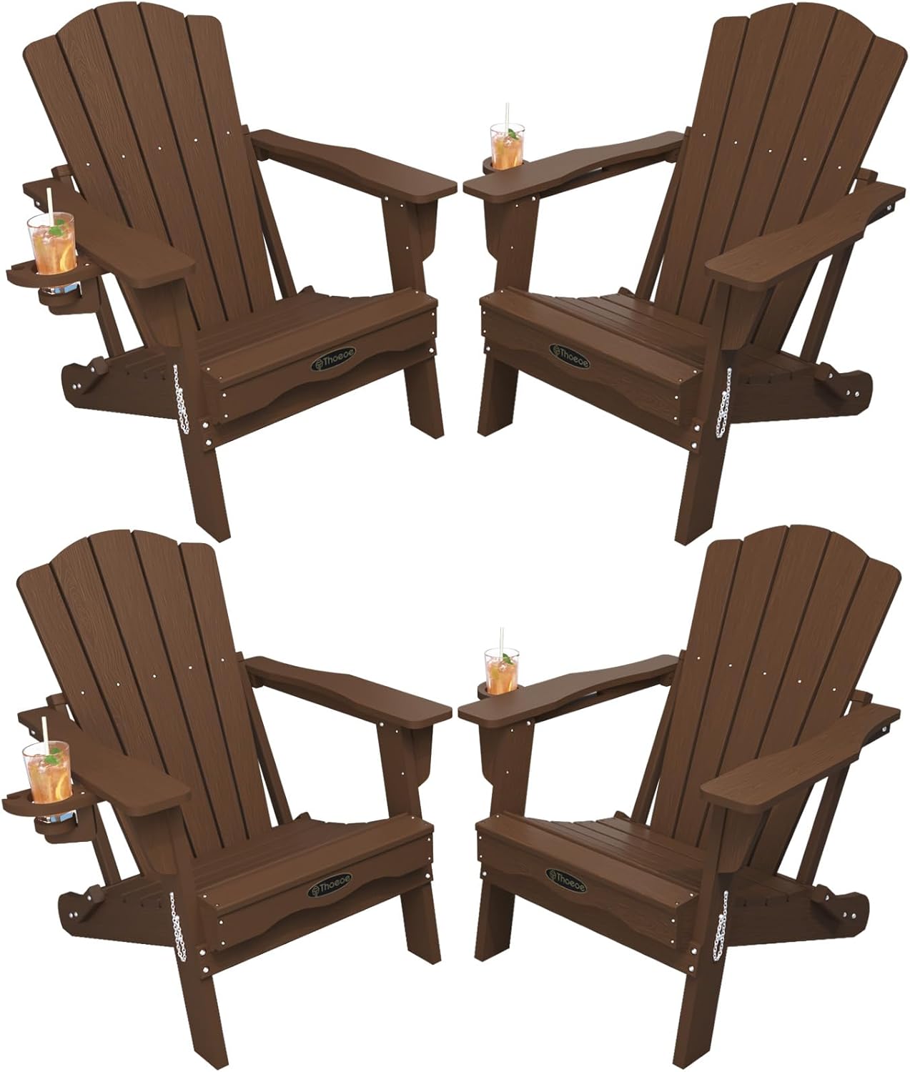 THOEOE Folding Adirondack Chair Set of 4, HDPE All-Weather Outdoor Chair with Cup Holder, Wooden Textured, Fire Pit Chair, Plastic Patio Chair for Deck, Backyard, Garden, Lawn, Brown