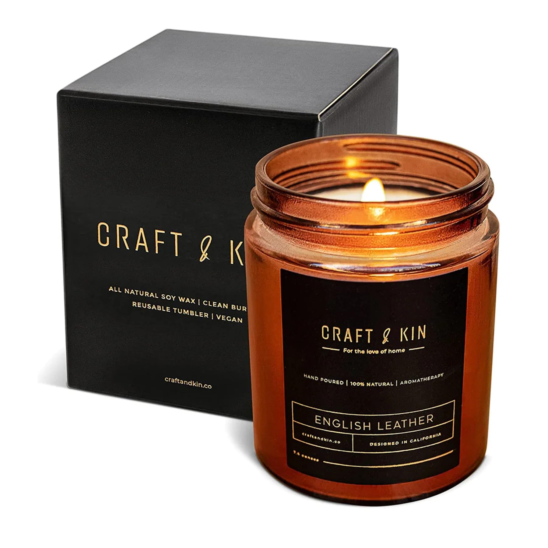 Craft & Kin Scented Candle for Men | Premium English Leather Holiday Candle | All-Natural Scent for Home | Long Lasting Winter Candles, 45-Hour Burn Time, 8oz