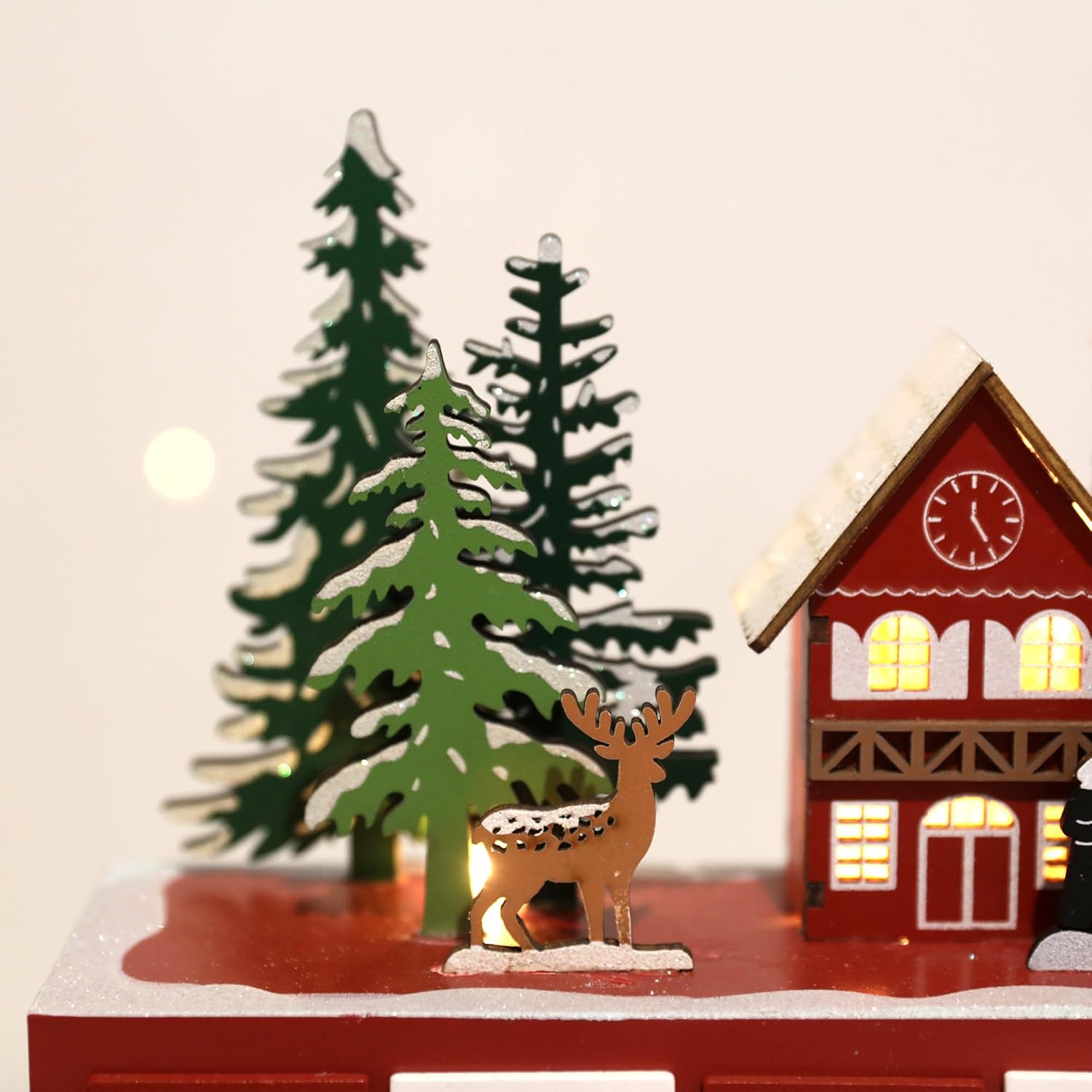 Christmas Wooden Advent Calendar with LED Lights, 24 Drawers Countdown to Christmas Festive Church Scene with Reindeer and Trees, Perfect for Holiday Home Decor 14.8x 10.7x 3.1"