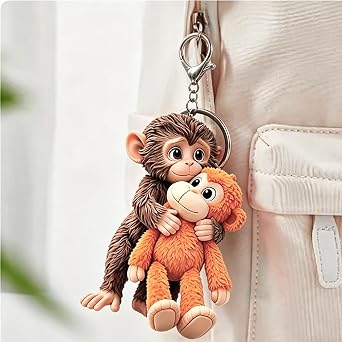 Monkey Keyring, Monkey Fist Keyring and Monkey Hugging Monkey Keyring Set, Two 3D Plush Monkey Keychains for Daily Key Organisation and Bag Decoration, Cute Animal Themed Accessories