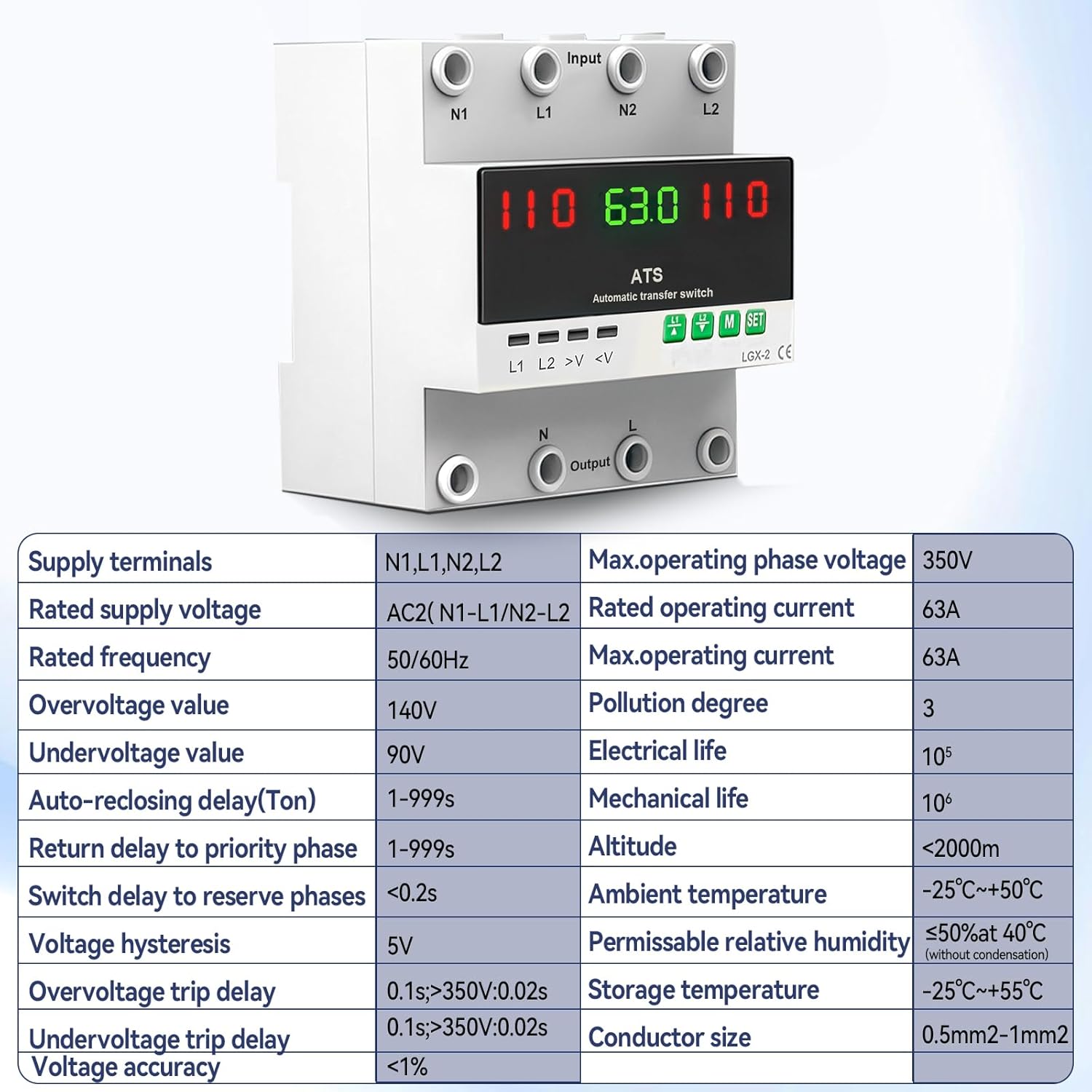 63A 110V Automatic/Manual Transfer Switch, Dual Power Selector with LED Display for Home Generator and Backup Power, L1 Priority Phase Selector, Din Rail Mount, 50/60Hz