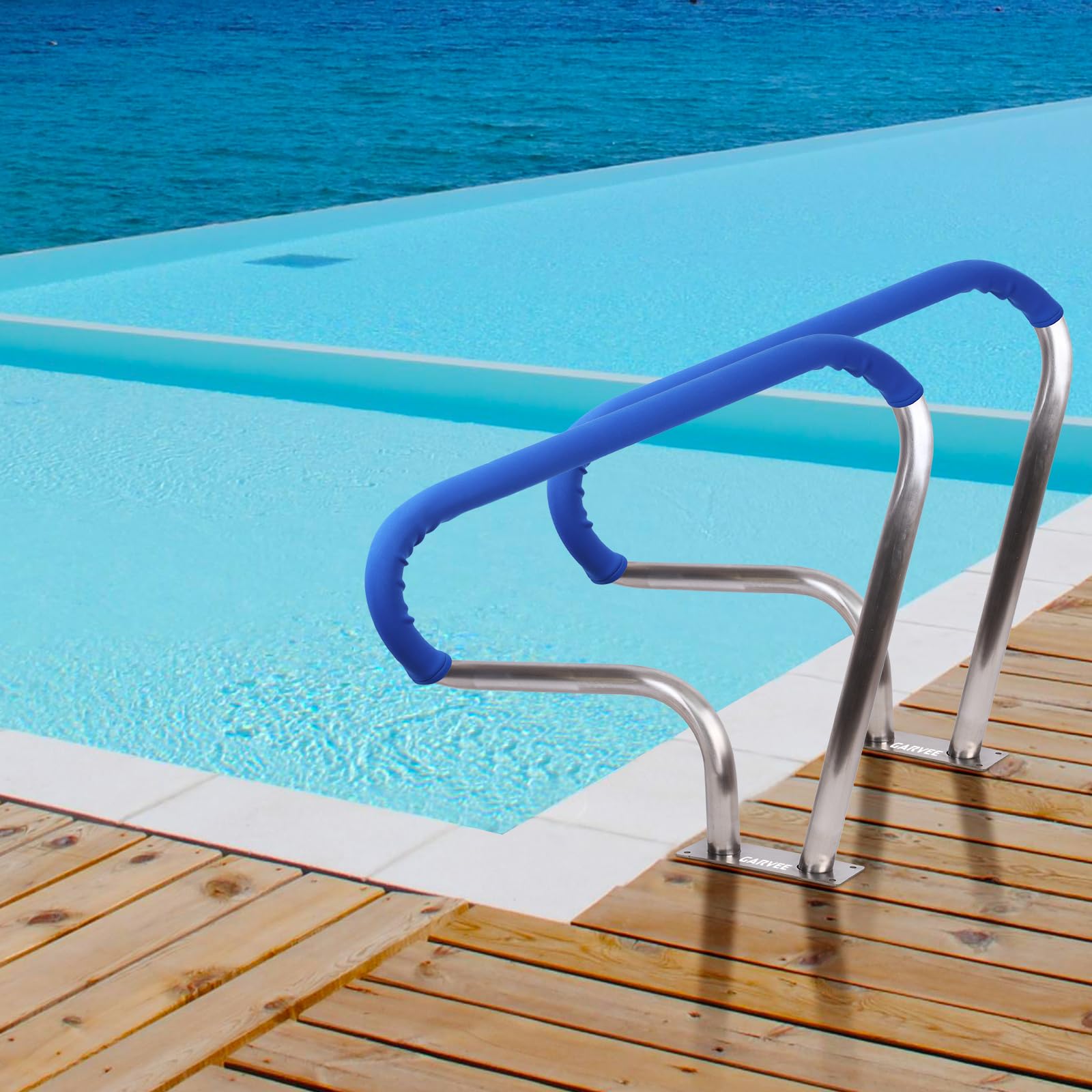 Garvee pasamanos para Piscina de Acero Inoxidable 304, barandilla para Escalera de Piscina con Base Estable y Kit de Montaje, para Piscinas enterradas y spas Exteriores, 99 x 81 cm, Plateado