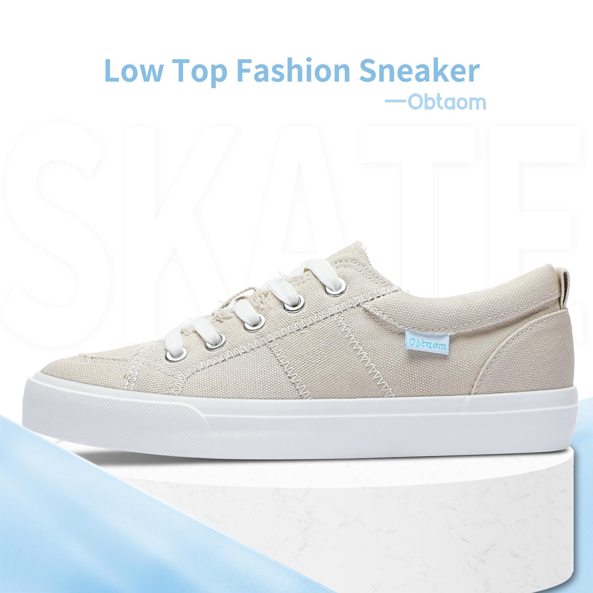 Obtaom Women's White Play Fashion Sneakers Cute Lace up Canvas Shoes Low Top Washed Canvas Flat for Lady