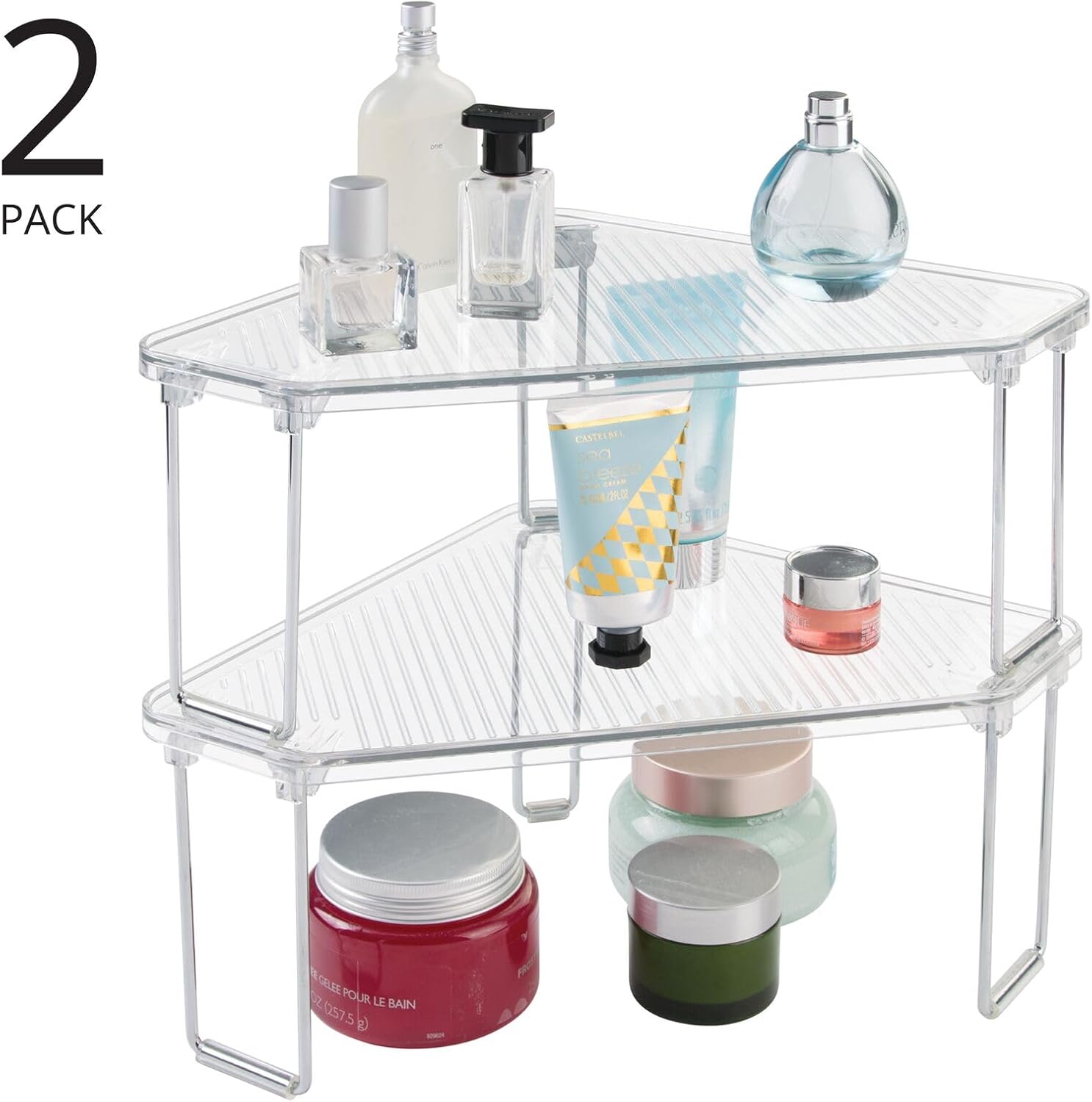 mDesign Plastic/Steel Corner Stackable Rack, Storage Organizer Shelf for Bathroom, Vanity, Countertop, Sink, Cabinet, Holds Makeup, Shower Accessories, Ligne Collection - 2 Pack - Clear