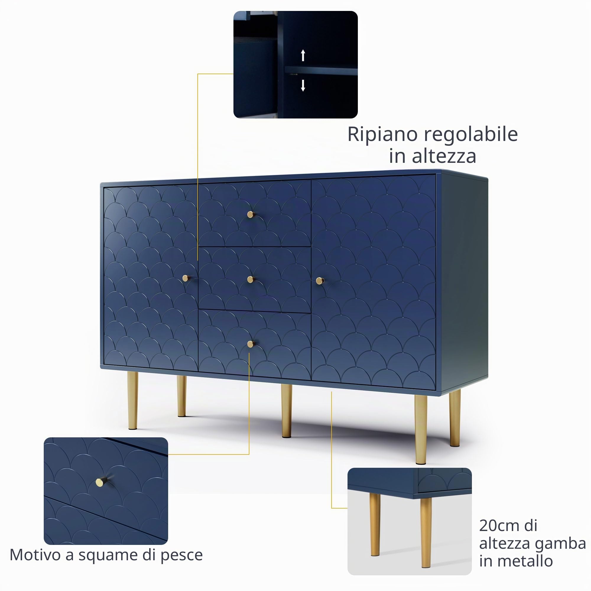 Merax Cassettiera con 3 cassetti e 2 ante, Cassettiera camera da letto, mobile Buffet con Maniglie e Gambe Dorate, Comò in legno, per Corridoio ufficio, Mobili per il soggiorno, blu navy, 120x40x82cm