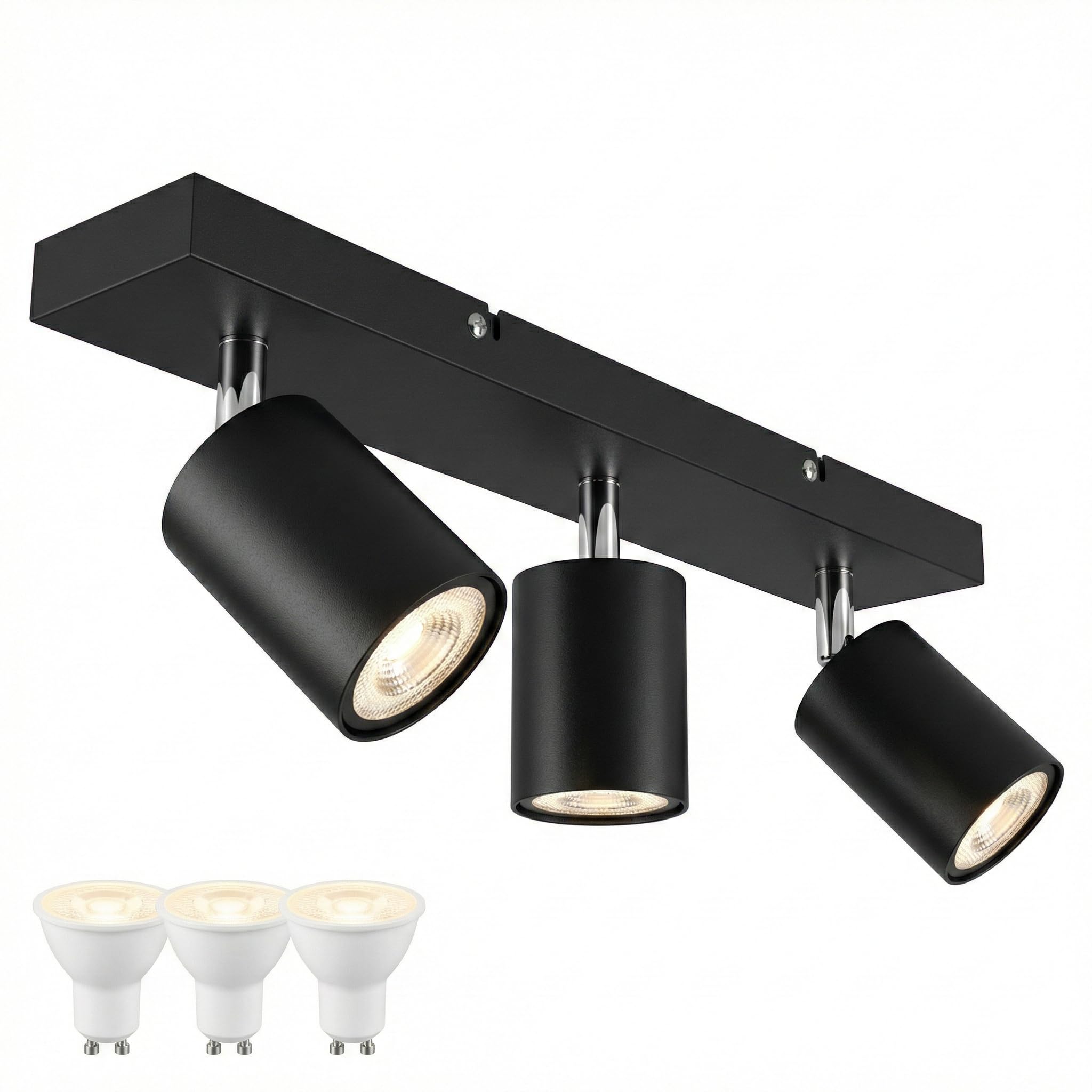 Yiahin Plafonnier LED 3 Spots Noir Orientable avec 3 Ampoules GU10 4000K Blanc Neutre - Barre de Spots Rectangulaire Métal - Éclairage Naturel Prêt à l'Emploi pour Cuisine, Couloir et Dressing