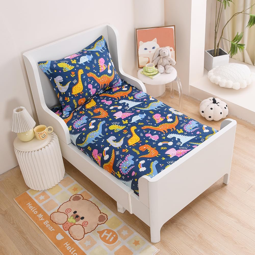 Soft Bed Fitted Sheet and Pillowcase Set, Dinosaur Print 2 Piece Bed Sheets for Kids Boys Twin Size Bed(Navy Blue Dinosaur, Twin)