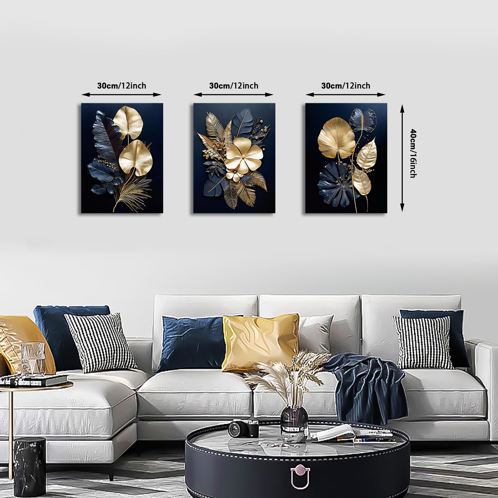 FajerminArt 3 Panels Modern Canvas Wall Art Navy Blue Gold Flowers Coconut Leaves Pictures Painting on Canvas Prints for Living Room Bedroom Office Wall Decoration Stretched On Frame 30x40cmx3 Pcs — view 2