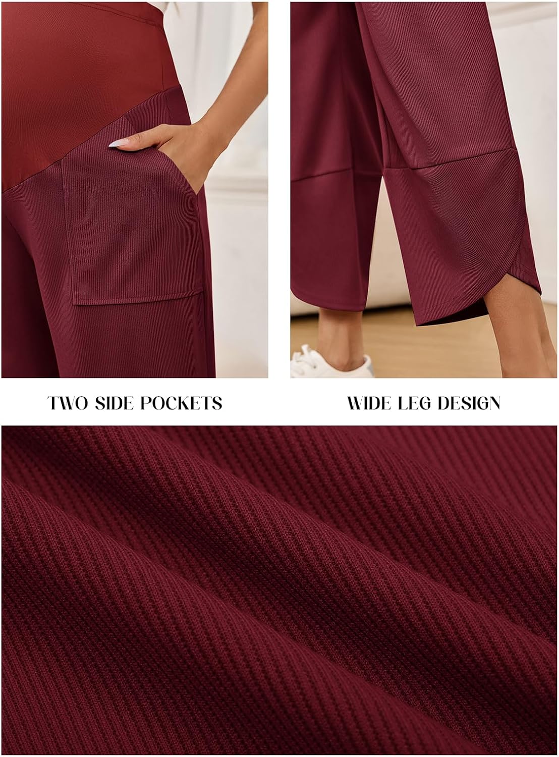 Yousify Womens Wide Leg Maternity Pants Casual Stretchy Ribbed Palazzo Pregnancy Trousers with Pockets - Image 4