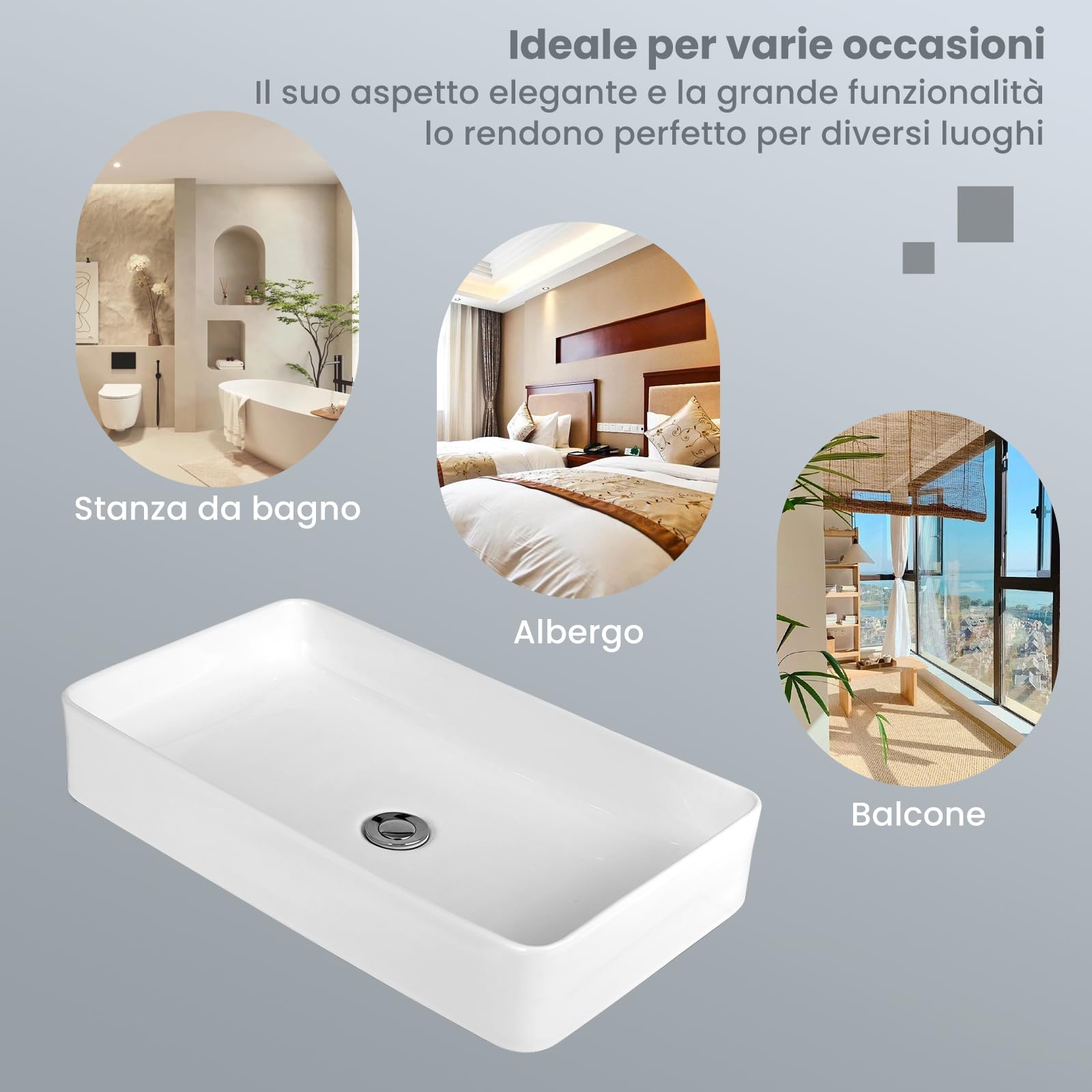 GYMAX 60 x 35 x 11 cm Lavabo in Ceramica Rettangolare con Scarico a Pressione, Lavello d'Appoggio Bianco con Superficie Liscia per una Pulizia Facile, Stile Moderno, Ideale per Casa, Ristorante, Hotel