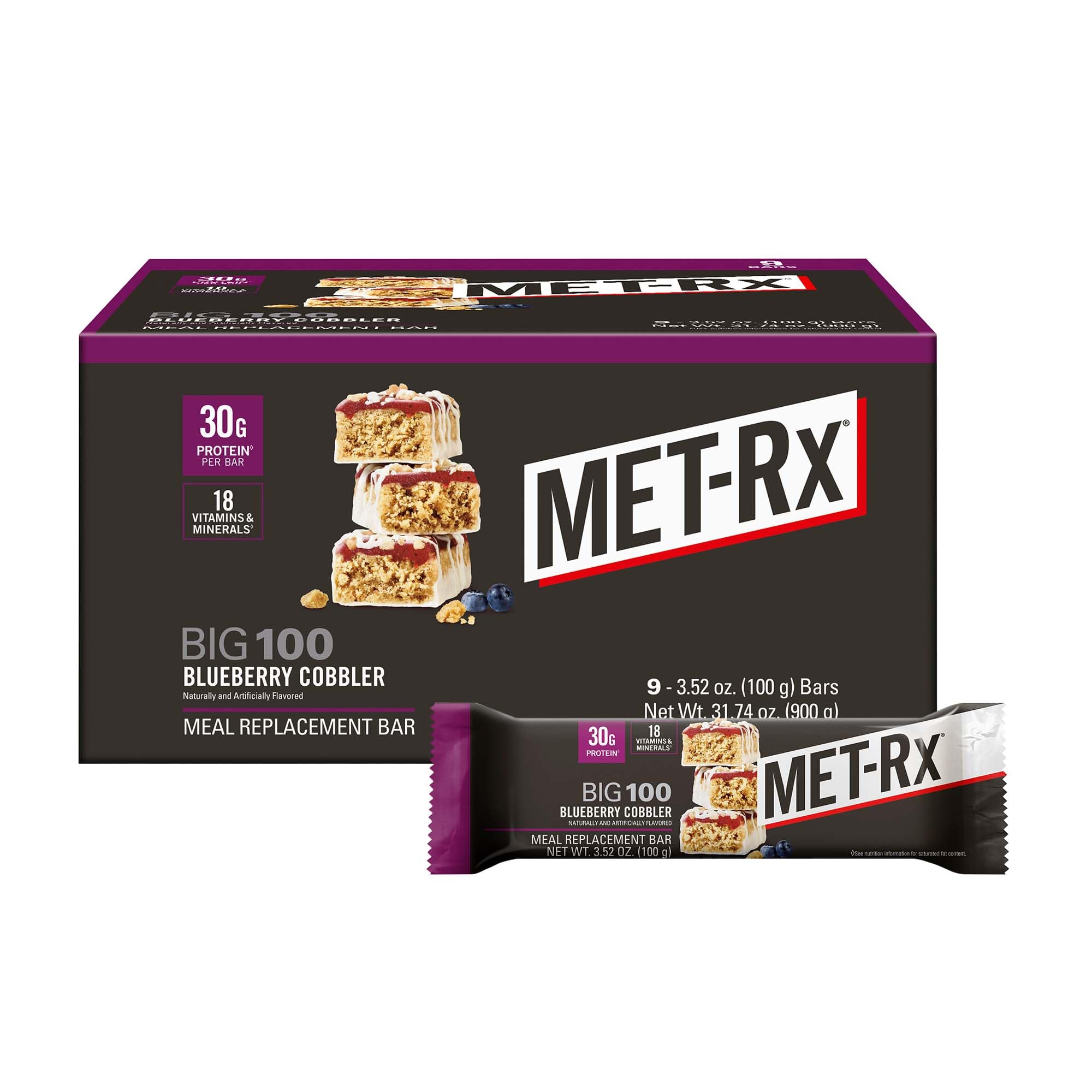 MET-Rx Big 100 Colossal Protein Bars, Healthy Meal Replacement Snack, Blueberry Cobbler, 3.52 oz, 9 Count