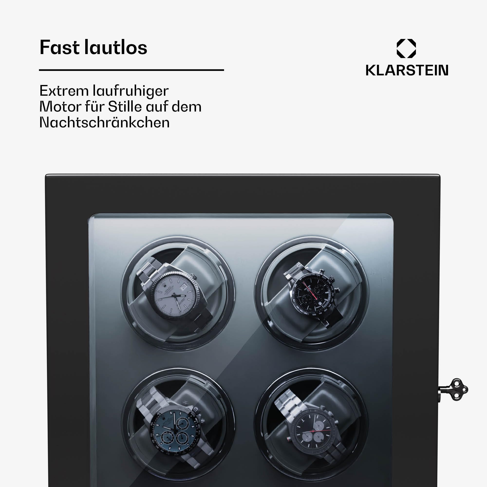 Klarstein Uhrenbeweger für 4 Automatikuhren, mit Acryl-Tür und Schloss, weiße LEDs, 5 TPD Einstellungen, automatischer Watch Winder