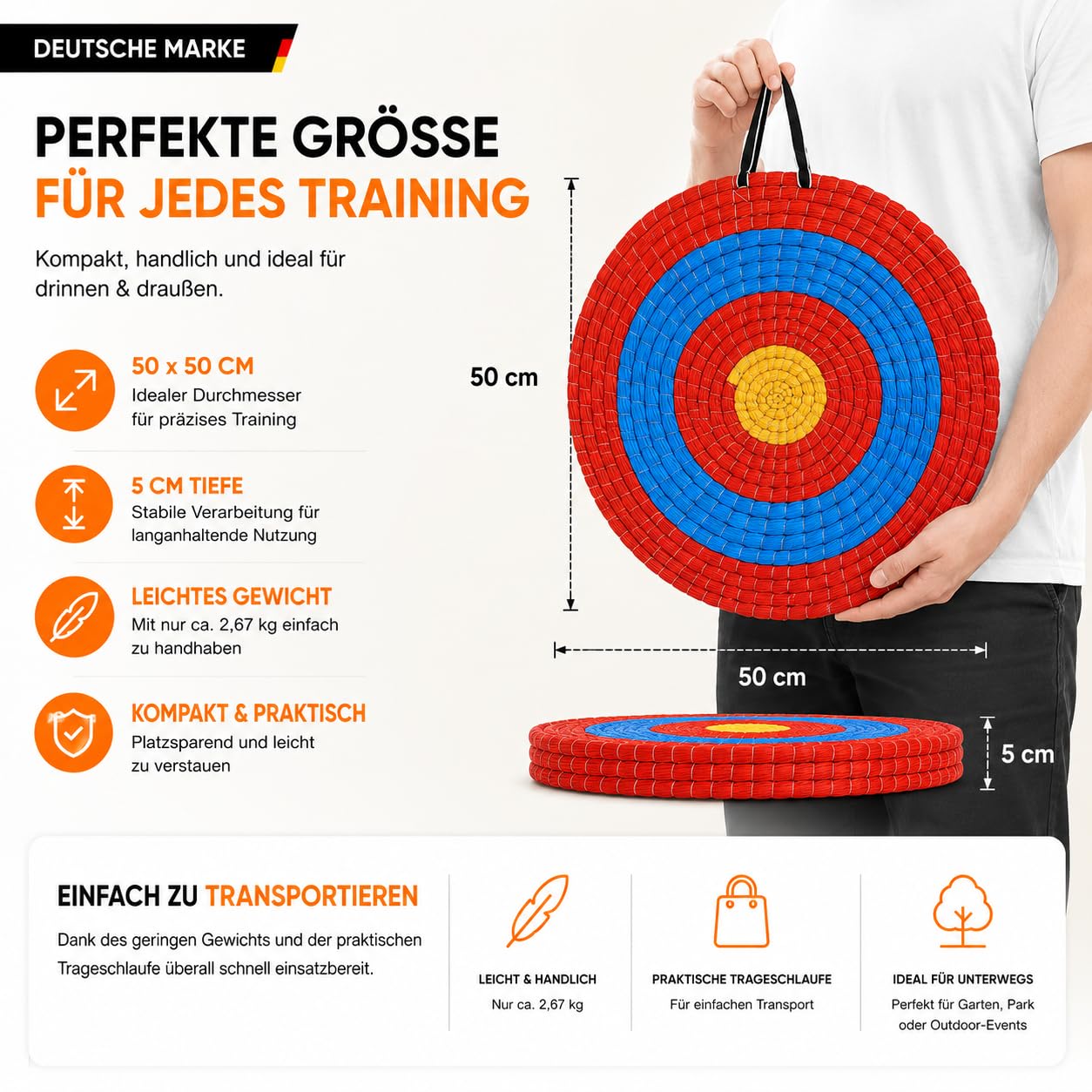 Flitzebogen Zielscheibe Bogenschießen, Strohzielscheibe 50x50x5cm | Stroh Ziel für Pfeil und Bogen & Armbrust, Bogenschießen Ziel für Training bis 30 lbs