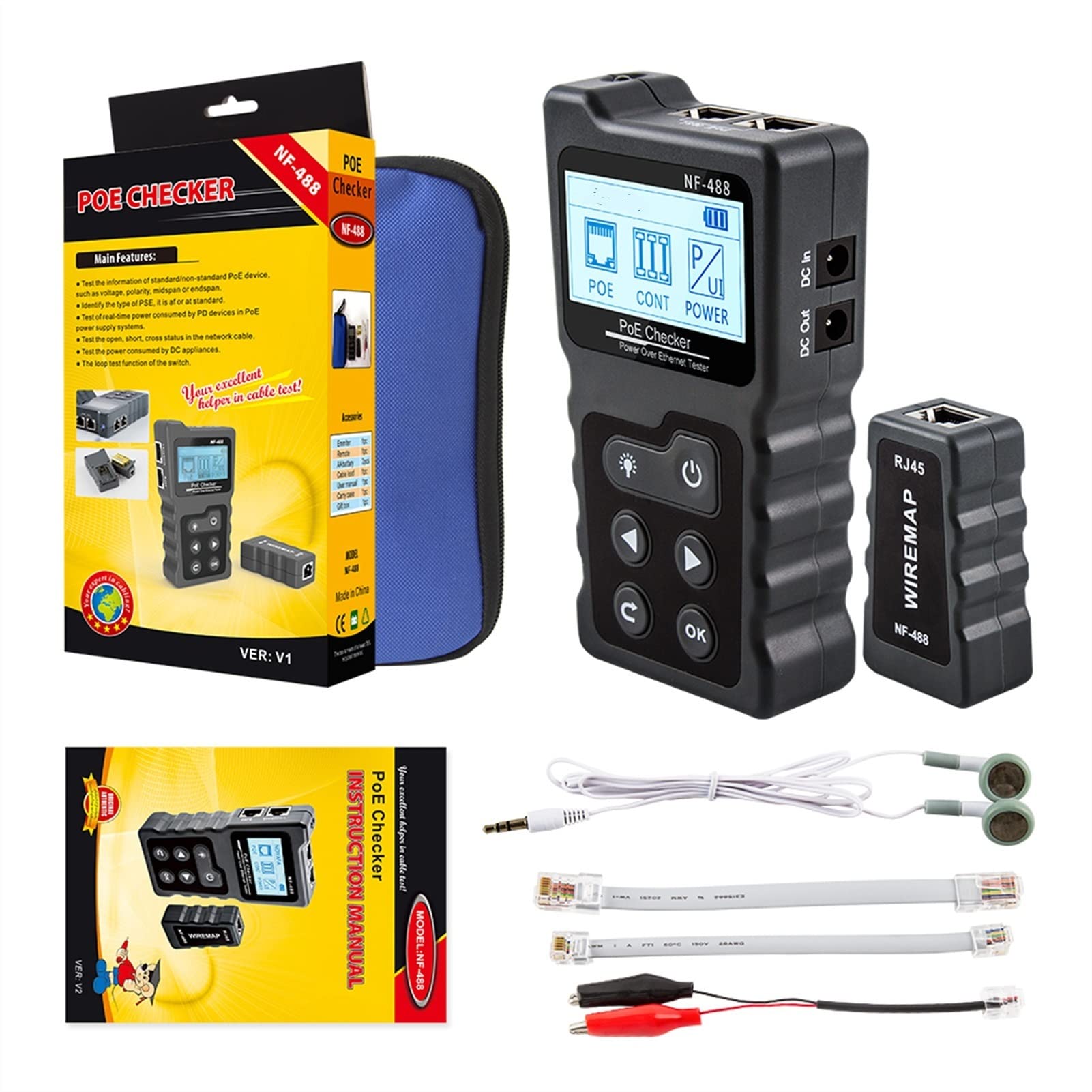 Detector de pared, LCD Testador de cables de red LAN Test Poe Checker NF-488 Probador de corriente de voltaje POE en línea con rastreador de cable el Ethernet