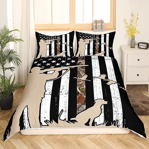 Miniatura 3 de Erosebridal Juego de ropa de cama de caza de patos, diseño de silueta de cazador de perros, juego de ropa de cama vintage con bandera