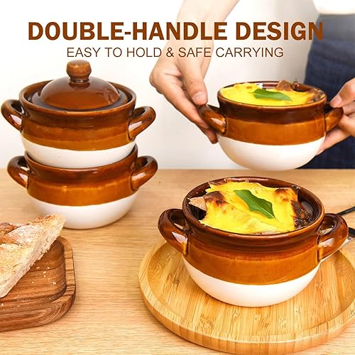 Miniatura 4 de Juego de 4 tazones de sopa de cebolla francesa con tapas y asas, 16 oz de cerámica para chile, cereales, pot pies, apto para horno, parrilla y