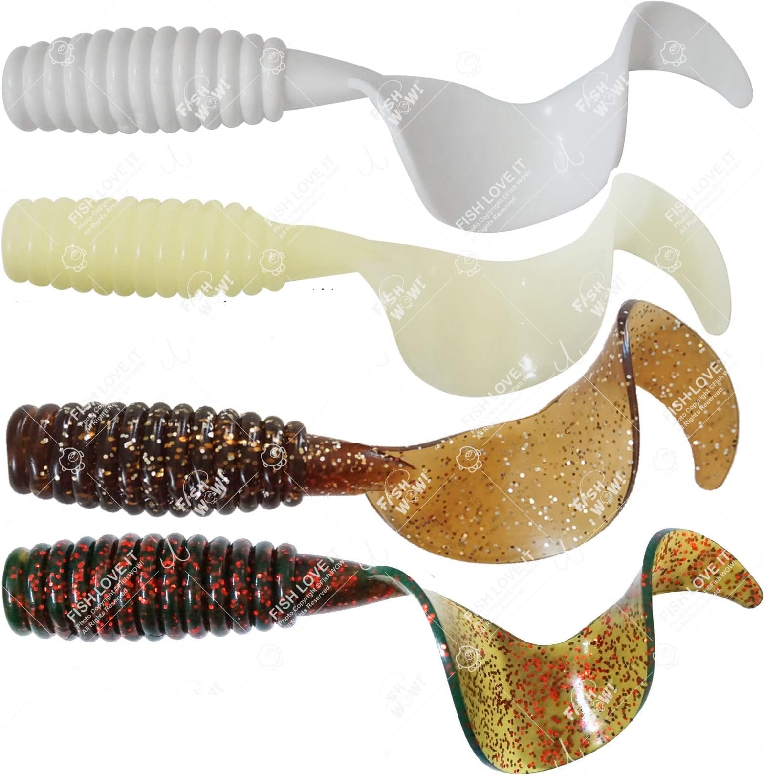 4pcs 10" with Curly Tail Extended Perch Grub Soft Lure - Root Beer, Motor Oil, Mix Colors.