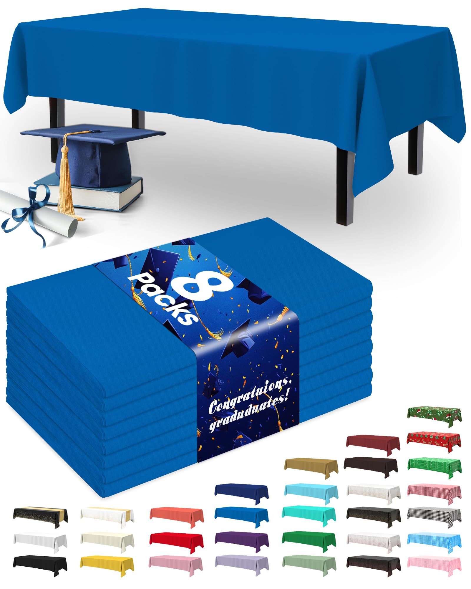 Pureegg Plastic Table Cloth Disposable 8 Pack, 54 x 108 Inch Table Cloths, Graduation Decorations Class of 2026, Graduation Party Tablecloths, Rectangle, Plastic Cover, Leakproof &amp; Sturdy, Blue