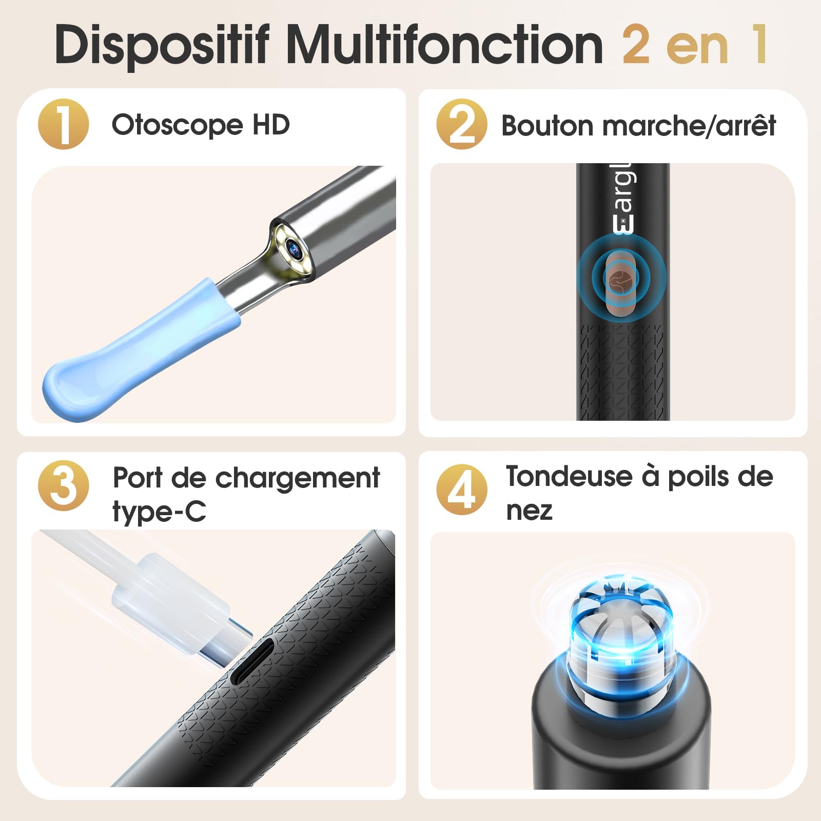 Otoscope Oreille Tondeuse Nez 2 en 1, Nettoyeur Oreille Camera 1080P HD Wifi avec Reconnaissance IA du Tympan, Kit Nettoyage Oreille Étanche IP67 pour Adultes et Enfants