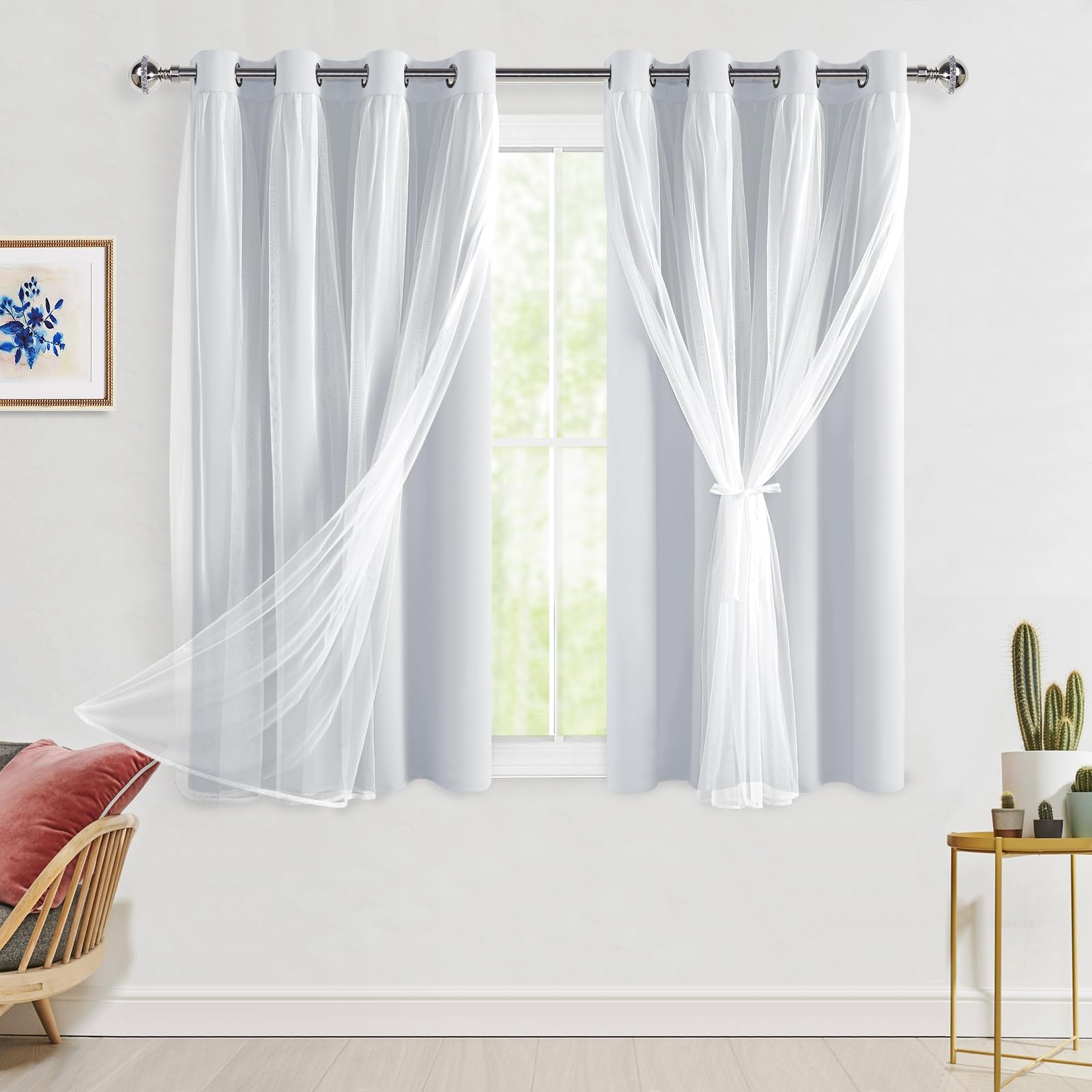 Rideaux occultants blancs et gris avec voile intégré pour isoler la chaleur de votre chambre