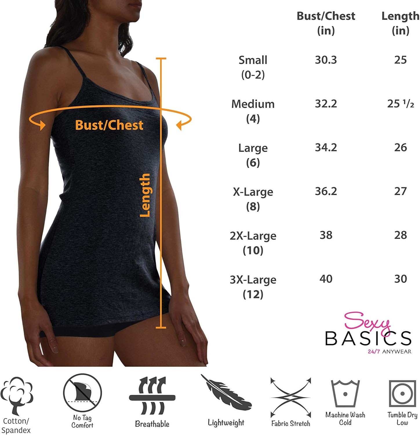 Sexy Basics Women's Cotton Stretch Camisole Tanks | Adjustable Spaghetti Strap Tank Top | Multi Packs & Colors