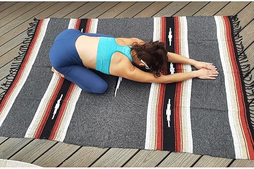 Miniatura 3 de Open Road Goods Manta de yoga mexicana negra carbón, diamante grueso con sarape retro vintage, rayas rojas, tostadas, marrones y blancas