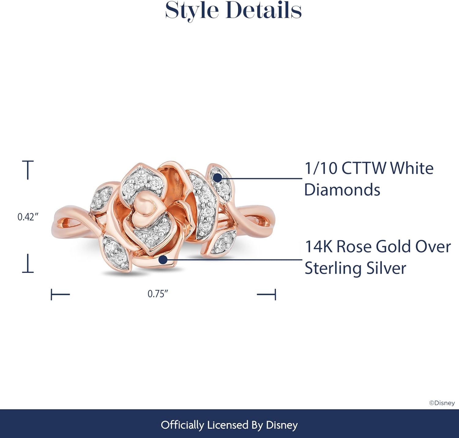 Jewelili Enchanted Disney Fine Jewelry Belle Rose Ring for Women | 14K Rose Gold over Sterling Silver | 1/10 CTTW Natural White Round Diamonds | Princess Jewelry Gifts for Her