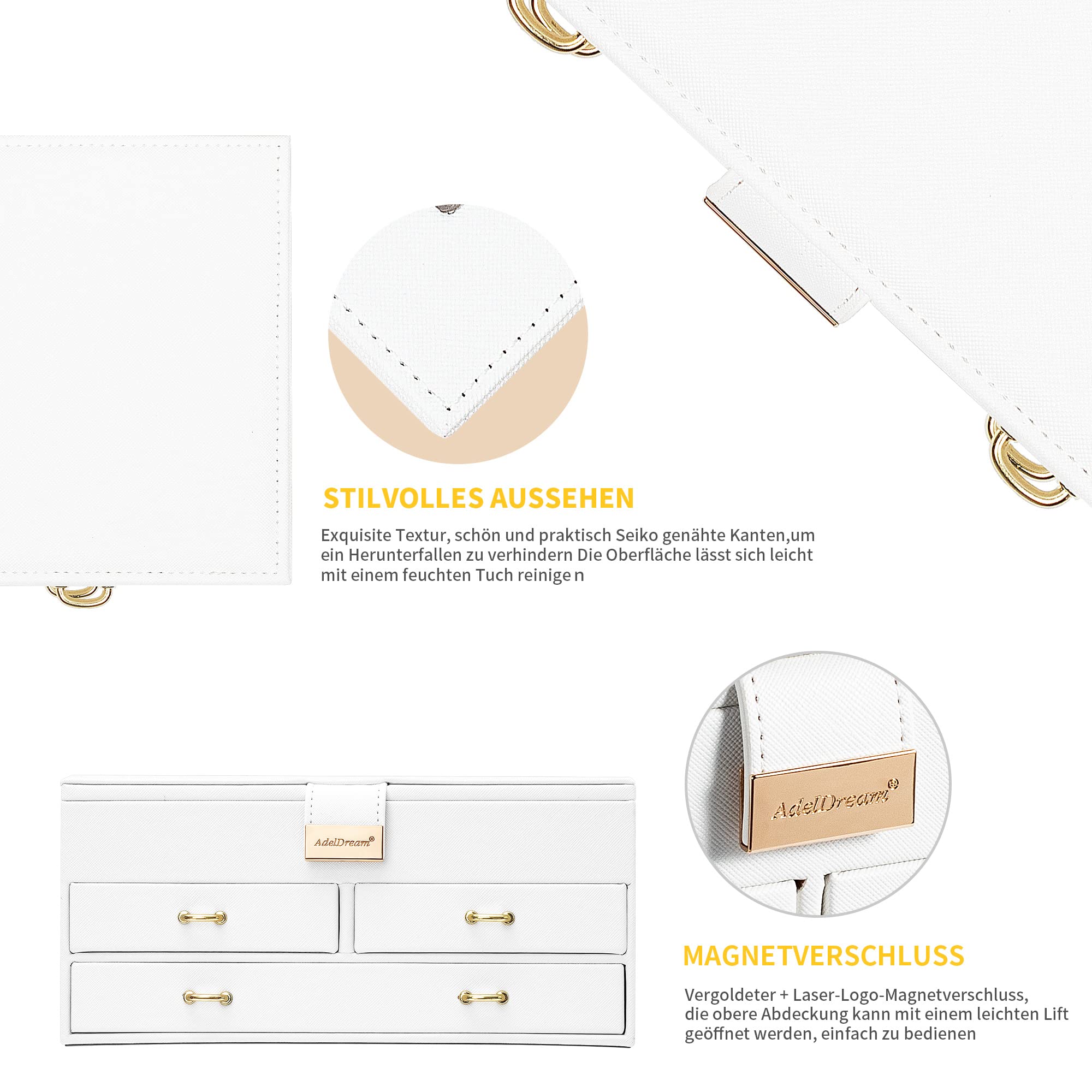 ADEL DREAM Portagioie a 3 Livelli con Fibbia in Oro Rosa Custodia per Gioielli in Pelle PU Regalo in Morbido Velluto per I tuoi Cari e Amici Bianco