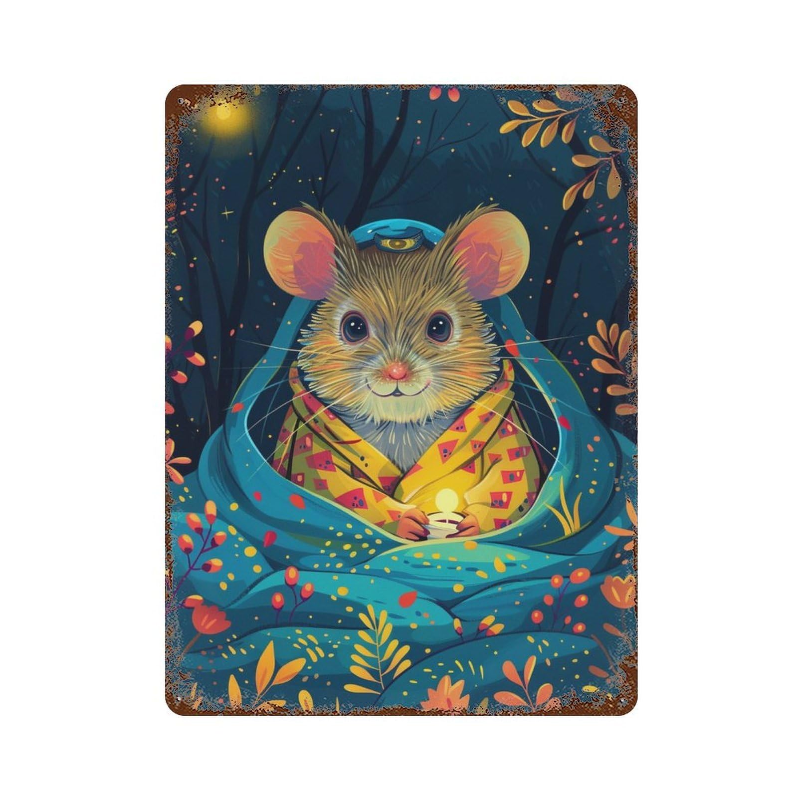 Rust Effect Cozy Mouse in Forest Rusty Metal Tin Sign 15.7"x11.8", Industrial Home Decor for Living Room, Hallway And Home Decor