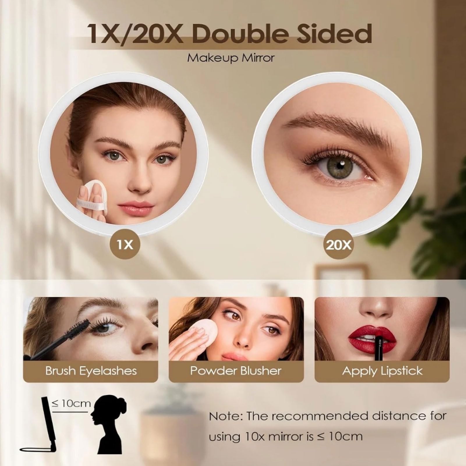 Espejo de Maquillaje con Aumento de 10x de Doble Cara con Luces LED, Control Táctil 3 Temperaturas de Color, Espejo de Tocador Inalámbrico Recargable para Montar en la Pared