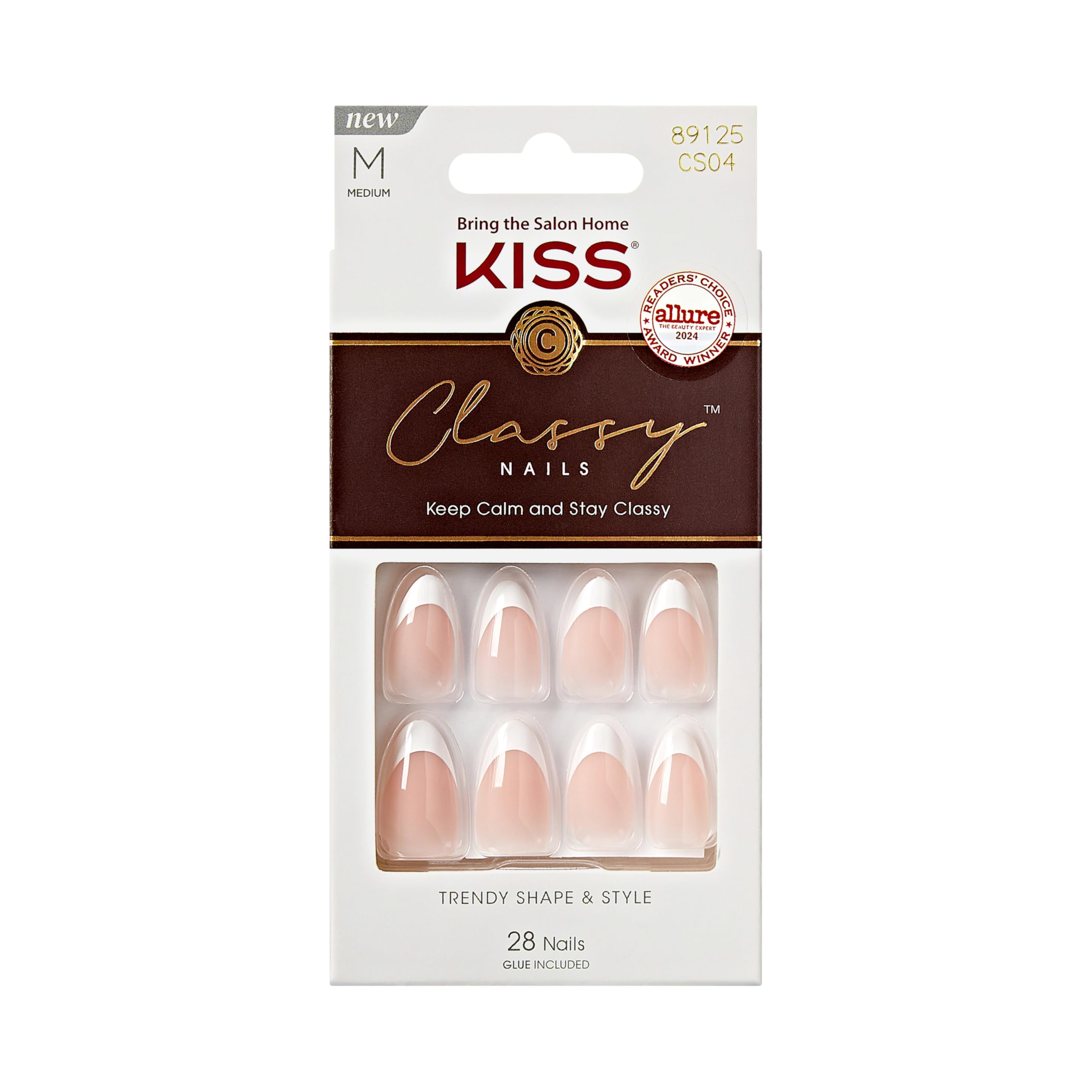 KISS Classy, Press On Nails, Nail glue included, 'Dashing', White, Medium Size, Almond Shape, Includes 28 Nails, 2g glue, 1 Manicure Stick, 1 Mini File