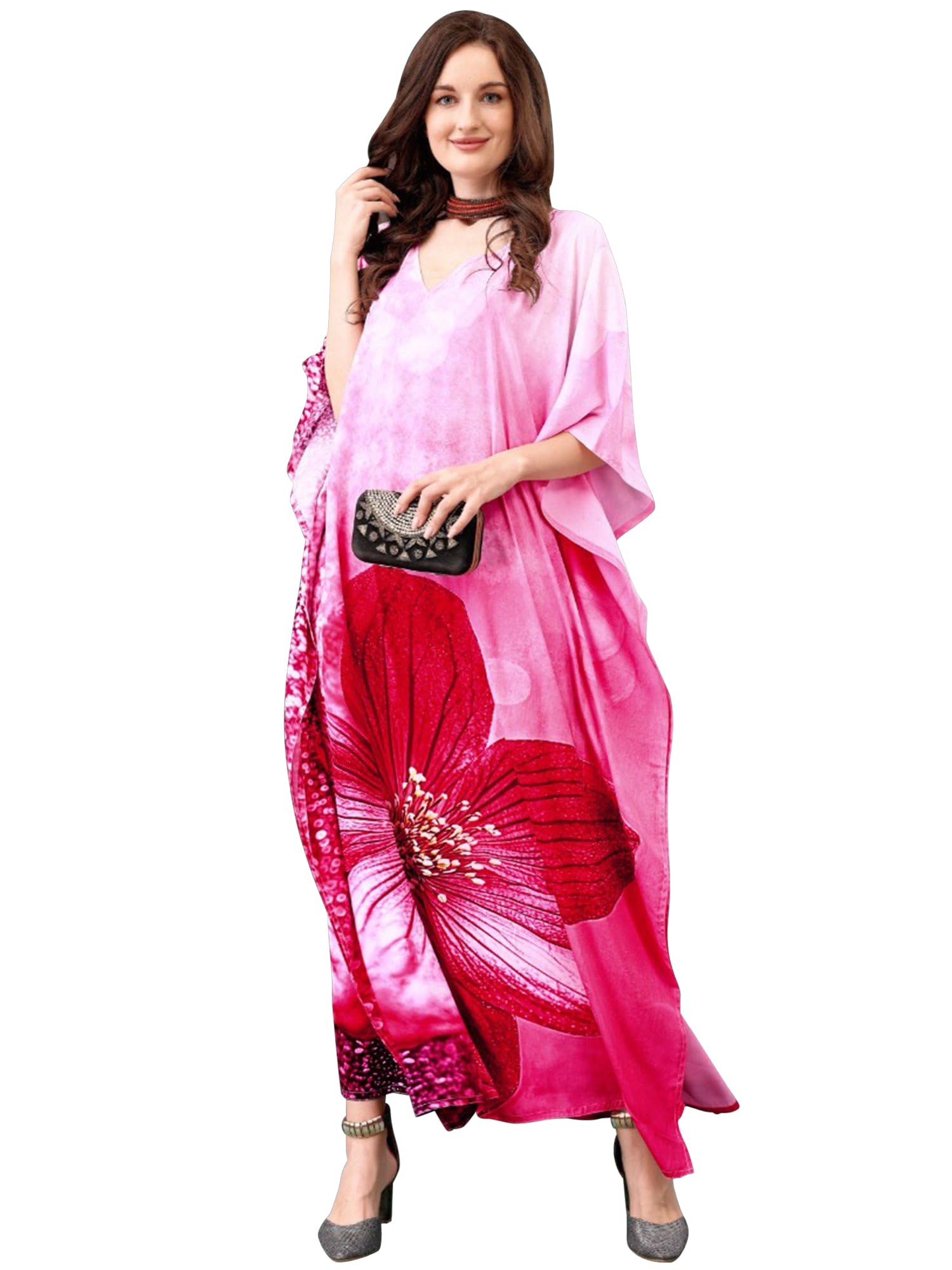 Geranium Pink Silk Long Kaftan with Printed Hibiscus Flower Designer Floral Dress for Women's-image-42