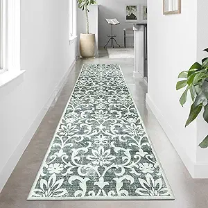 Vintage 2x10 Kitchen Runner Rugs Washable,Non-Slip Runners for Hallways, Distressed Long Floral Rug Non Skid Indoor Floor Carpet Runner for Laundry Bathroom Foyer Entryway,Grey
