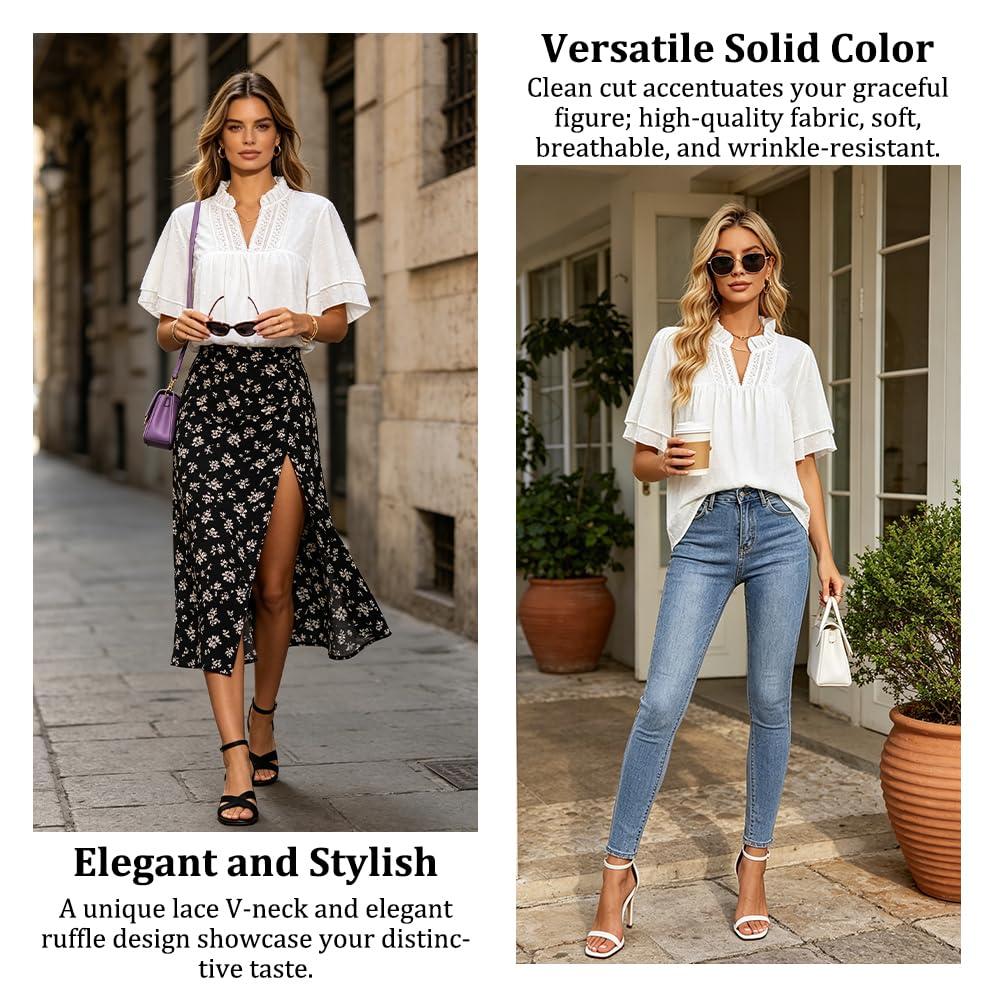 Boho zwiewne bluzki damskie z długim rękawem dekolt w serek elegancka koronkowa bluzka z falbankami do noszenia na co dzień przez cały sezon, damskie bluzki do legginsów koszulki na co dzień
