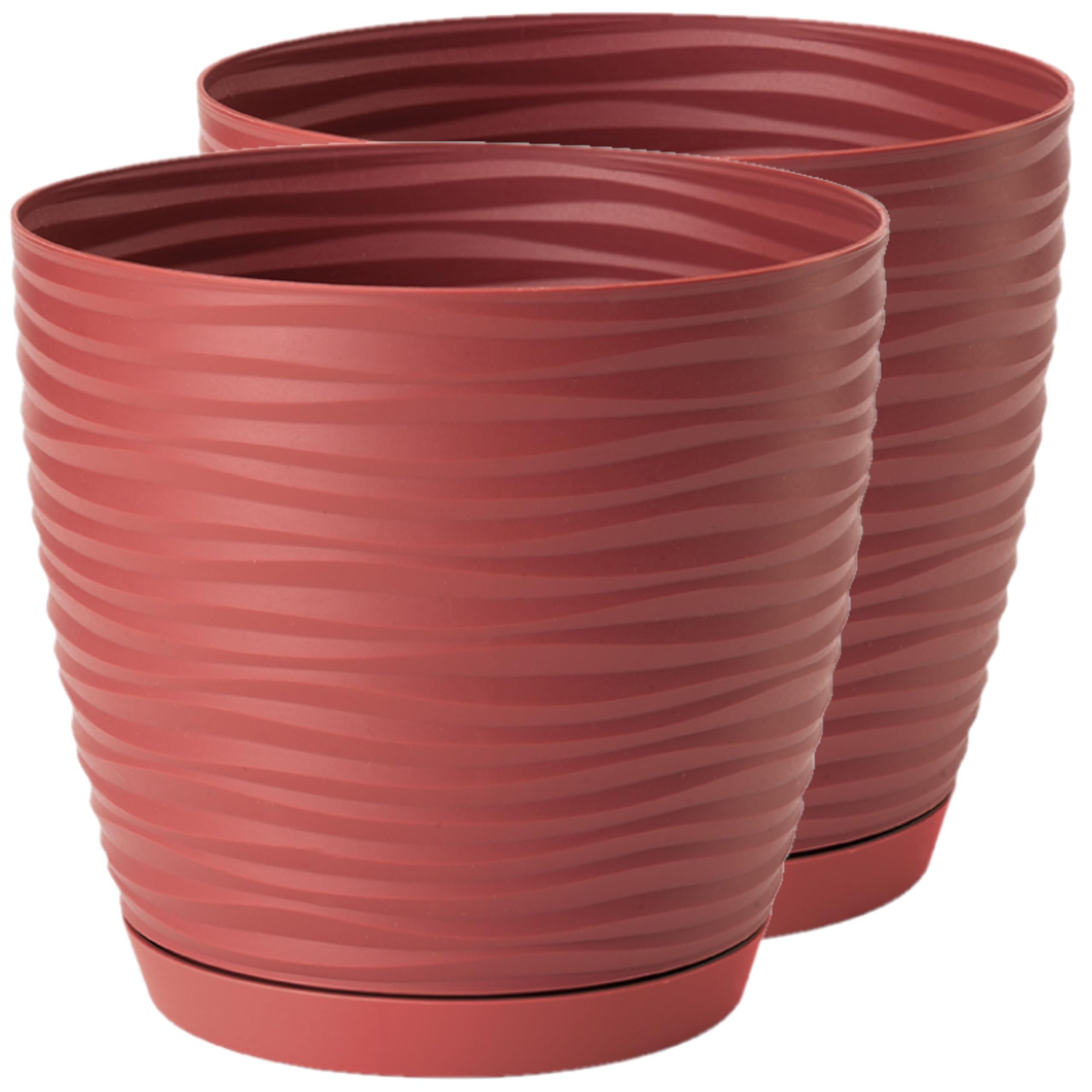 Home Garden Ornaments Red Plant Pots Indoor – Set Of 2 Plastic Flower Pots With Saucer And Drainage Holes, Decorative 3D Wave Design (, 13Cm / 5.1 Inch)