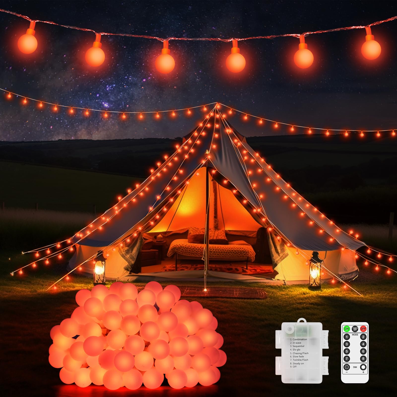12M 100 LED Battery Fairy Lights Indoor Outdoor Globe String Lights Battery Operated Christmas Lights with Remote Timer 8 Modes for Outside Garden Patio Party Bedroom Wedding Decorations-Orange
