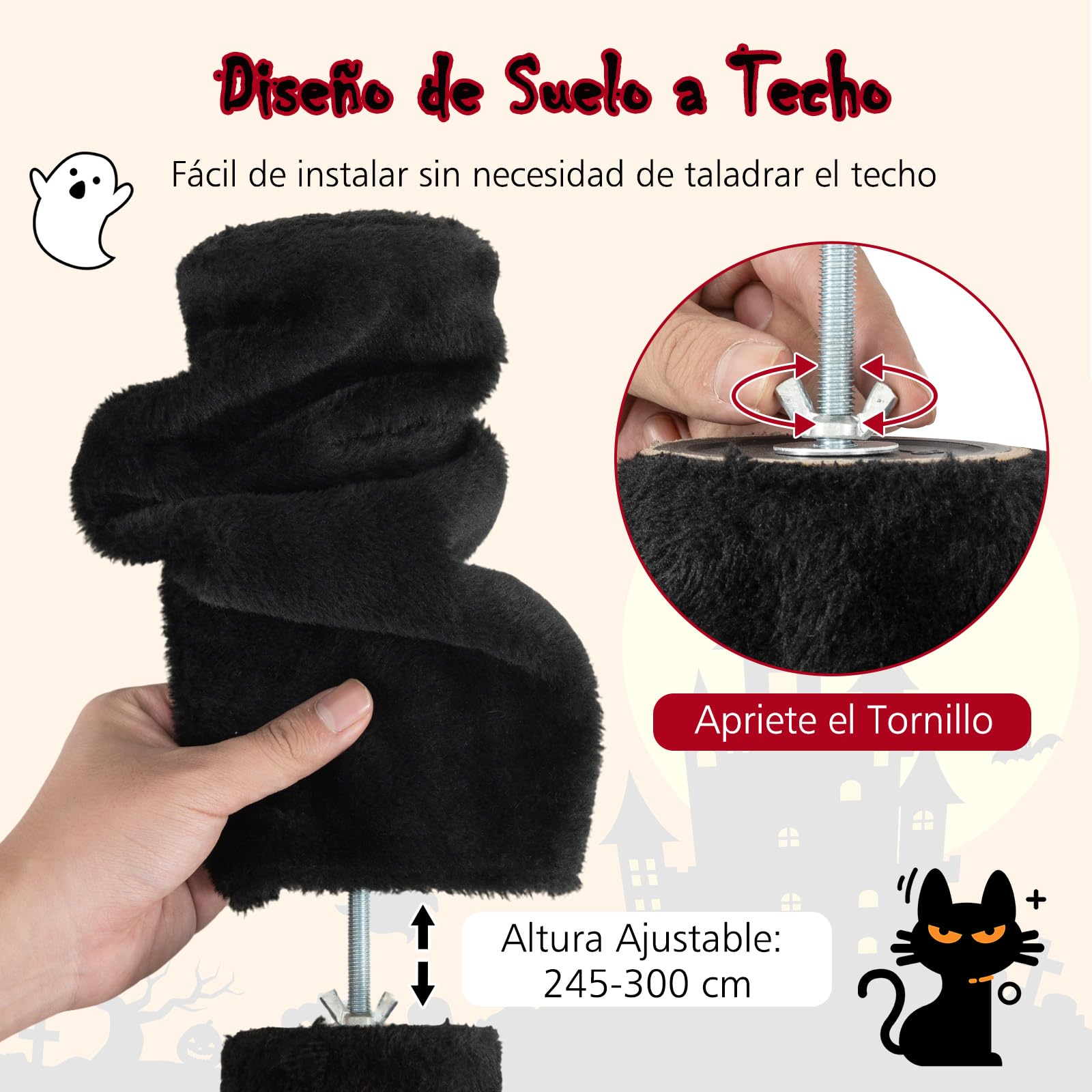 COSTWAY Árbol Rascador para Gatos Gótico de Suelo a Techo, Ajustable de 245-300 cm, Torre Alta de 5 Niveles con Caseta, Hamaca, Postes Rascadores de Sisal, Bola Colgante, Casa de Juegos para Gatitos
