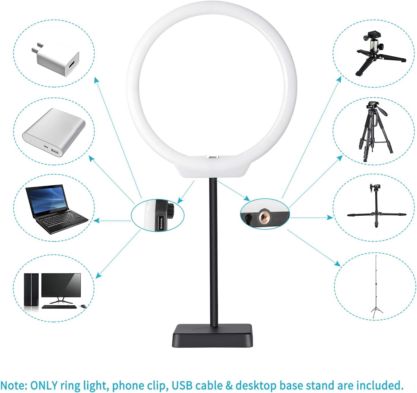 Neewer 10 inches USB-Powered LED Ring Light: 2-Power 5W/10W Dimmable Bi-color 3200-5500K On-Camera Light with Stand Base, Soft Tube, Cellphone Clamp for YouTube Videos, Make Up, Beauty, Live Streaming