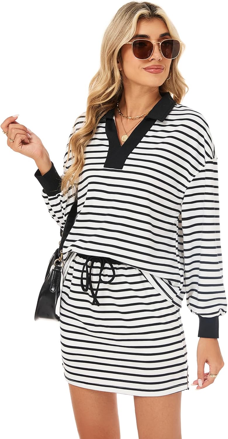 Womens Striped 2 Piece Outfits Long Sleeve Sweatshirt Skirt Sets V Neck Lounge Sets - Image 2