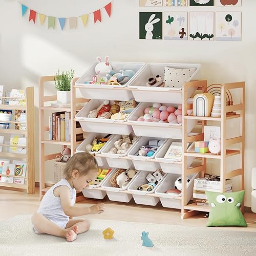 Miniatura 6 de Organizador de almacenamiento de juguetes de madera con 6 estantes y 12 contenedores, organizador de juguetes para niños, estante de juguetes para