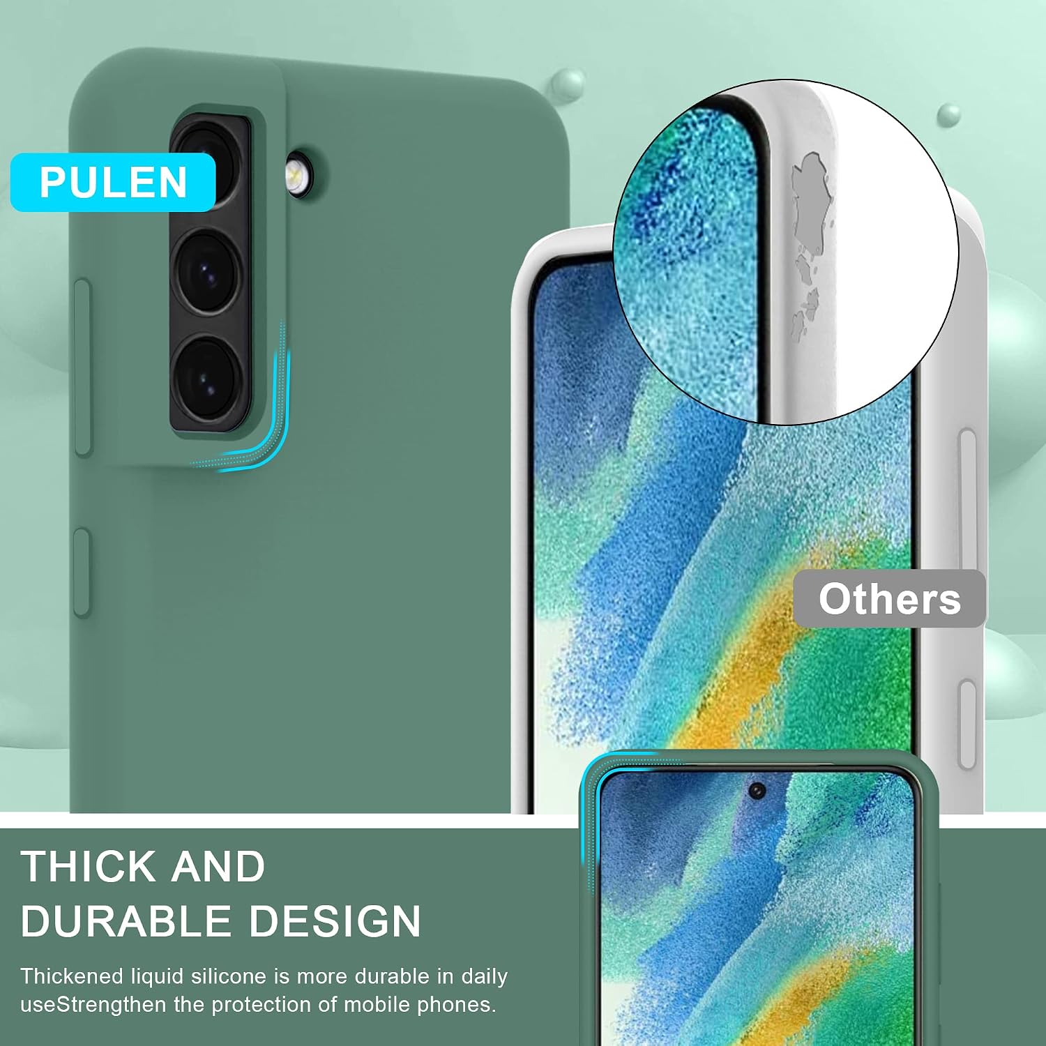 PULEN for Samsung Galaxy S21 FE 5G Case, Silicone Shockproof Protective Cover Slim Soft Stylish - Pine Green
