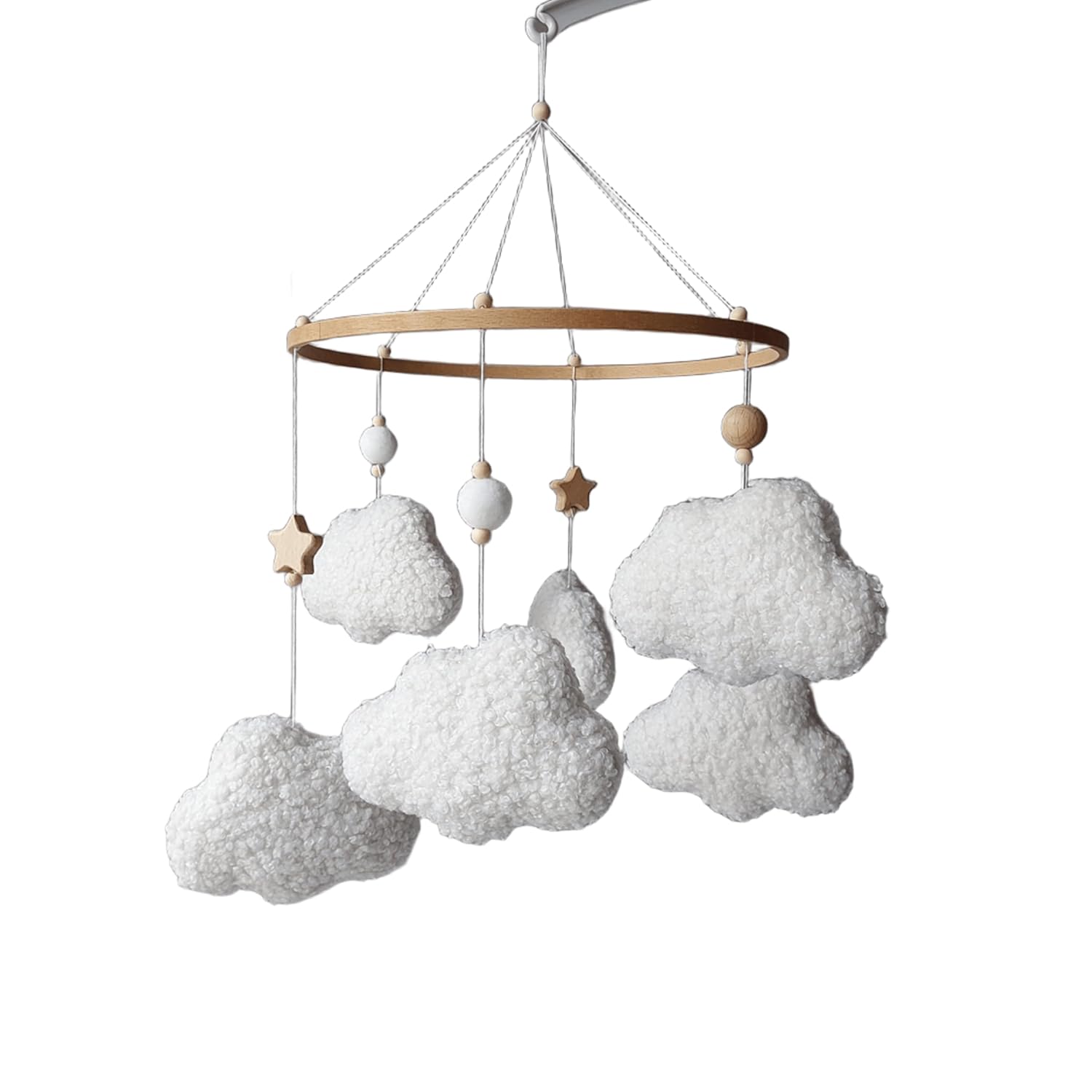 Cloud Baby Mobile – Bouclé Nursery Mobile with Wooden Beads – Neutral Crib Mobile for Baby Boy or Girl – Scandinavian Style Decor – Handmade Minimalist Mobile