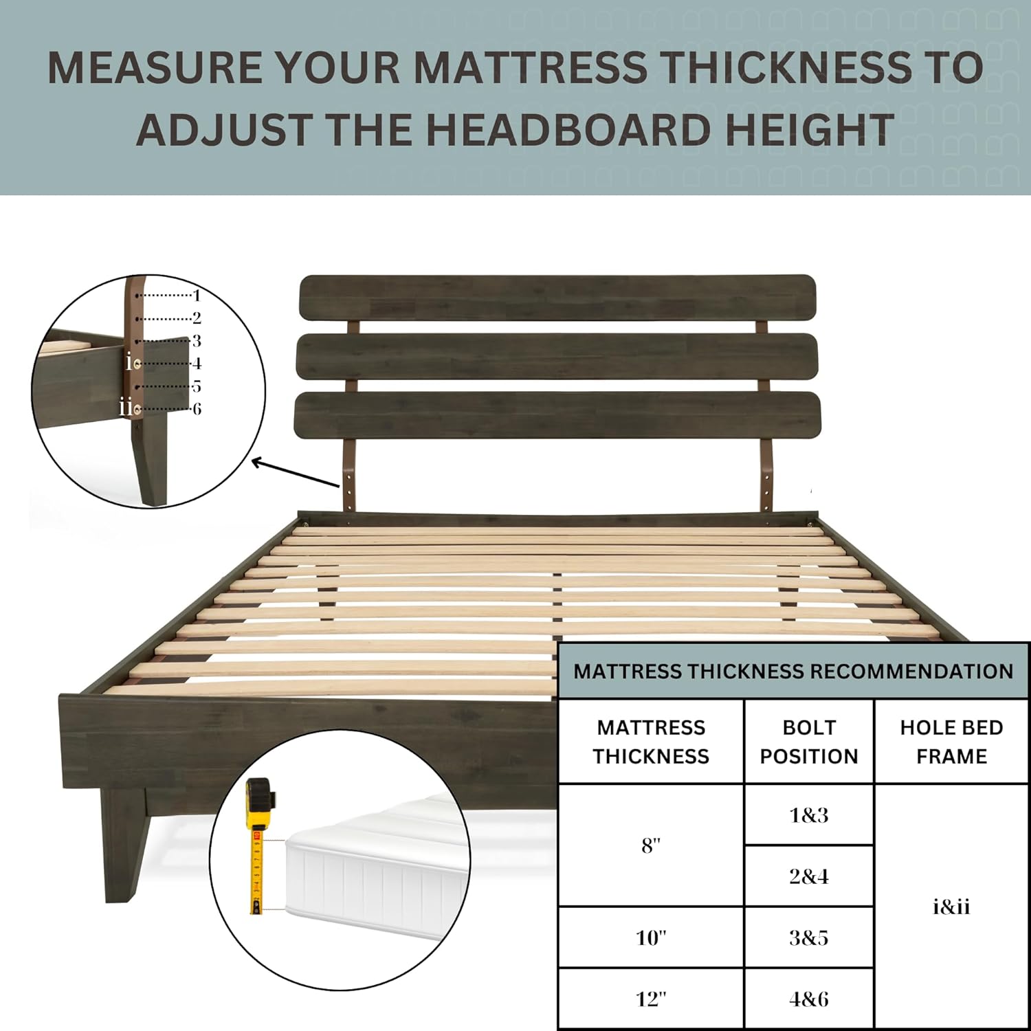 Diagram showing adjustable headboard height settings based on mattress thickness